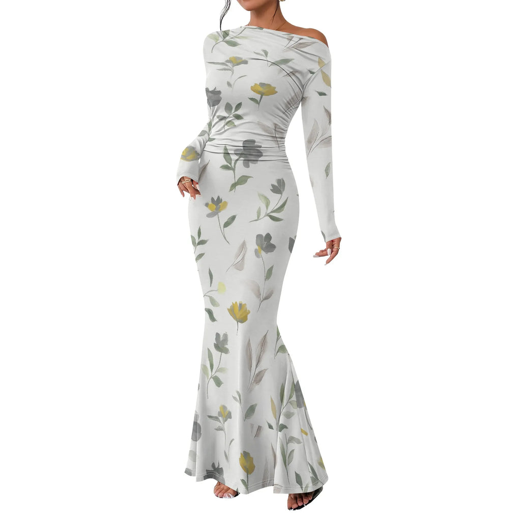 Vestido largo ajustado con cuello redondo y fruncido para mujer, manga larga, corte entallado, elegante, acampanado, para noche, cóctel o fiesta. 