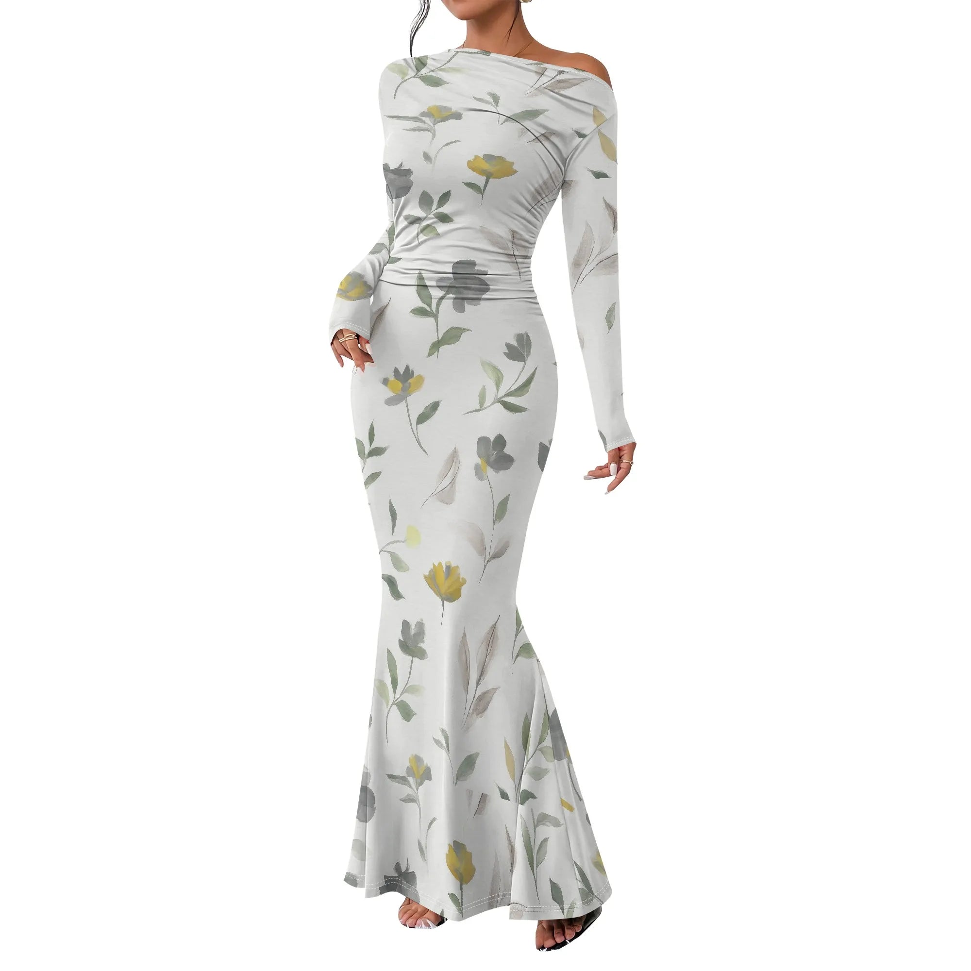 Vestido largo ajustado con cuello redondo y fruncido para mujer, manga larga, corte entallado, elegante, acampanado, para noche, cóctel o fiesta. 