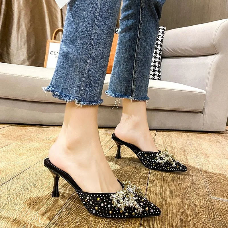 Pointed-toe, open-toe stiletto sandals with rhinestone bow detail Women's fashionable semi-open-toe high-heel sandals
