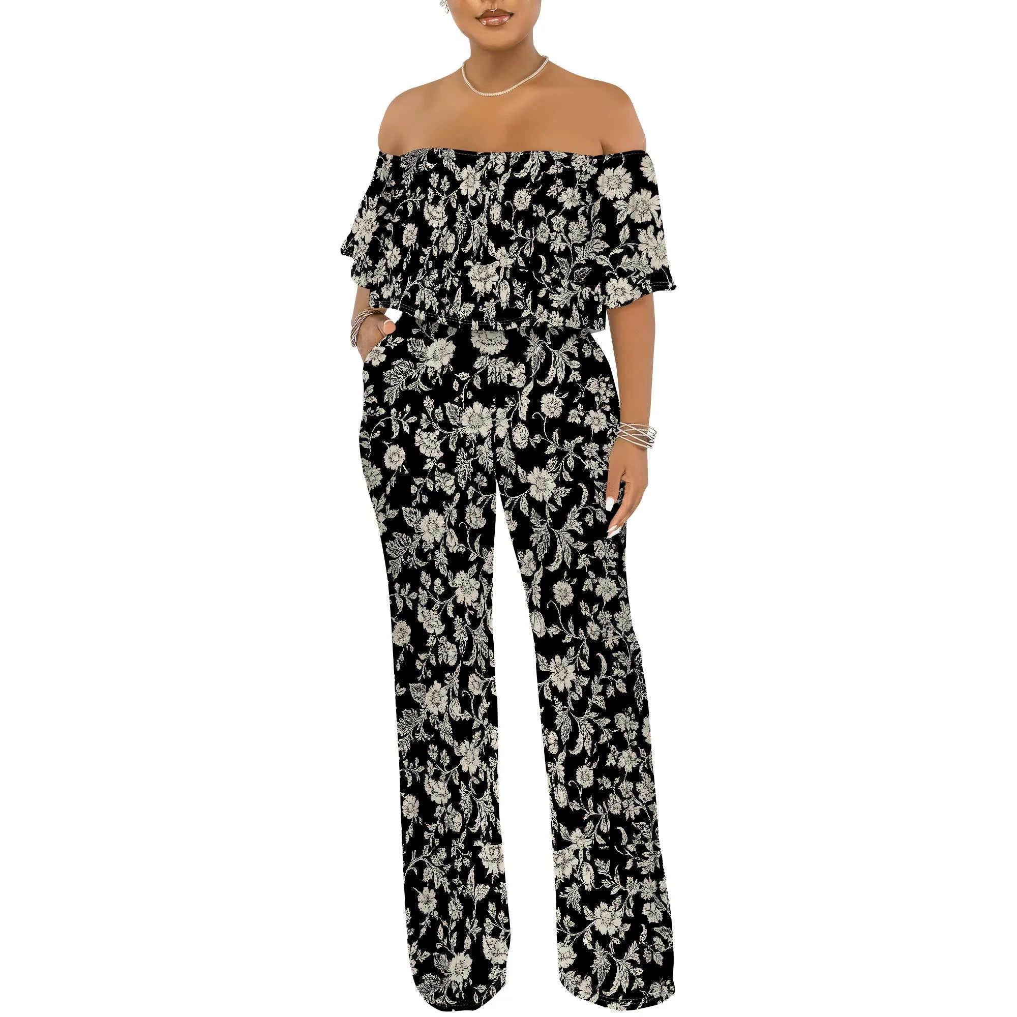 Off Shoulder Tube Top Ruffle Floral Print Jumpsuits for Women Wide Leg Pants Club Party Outfits Jumpsuit with Pockets