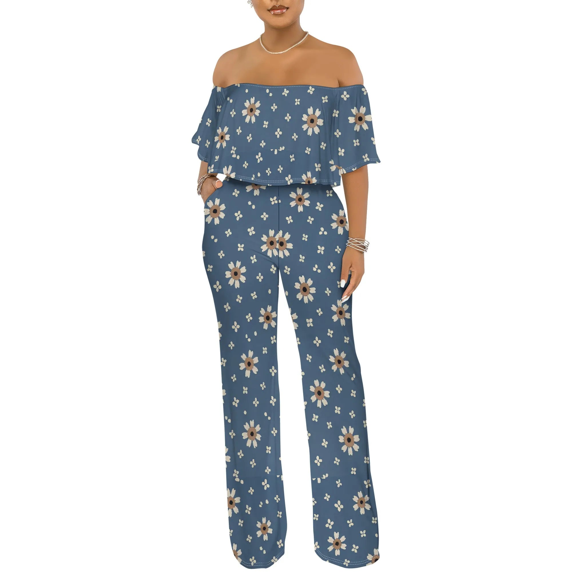Off Shoulder Tube Top Ruffle Floral Print Jumpsuits for Women Wide Leg Pants Club Party Outfits Jumpsuit with Pockets