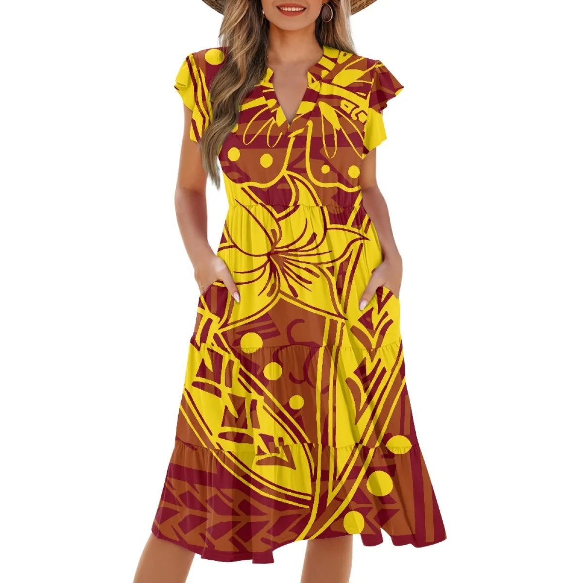 New Arrival Purple Polynesian Tiare Flower Dress Fashion Elegant Hawaiian Women Deep V Neck Pocket Waist Splicing Dress