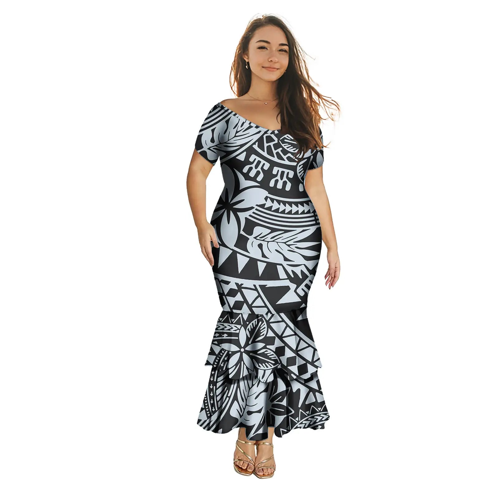 Fashion Puletasi Polynesian Dress for Women Luxury Print Maxi Mermaid Evening Dress Sexy Off Shoulder Dresses