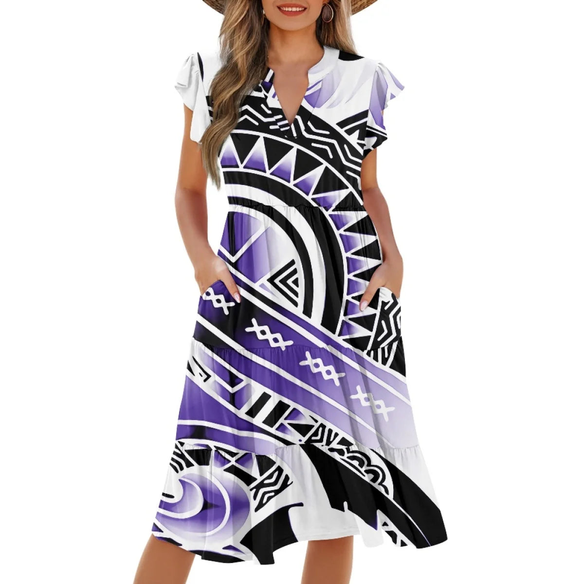 New Arrival Purple Polynesian Tiare Flower Dress Fashion Elegant Hawaiian Women Deep V Neck Pocket Waist Splicing Dress
