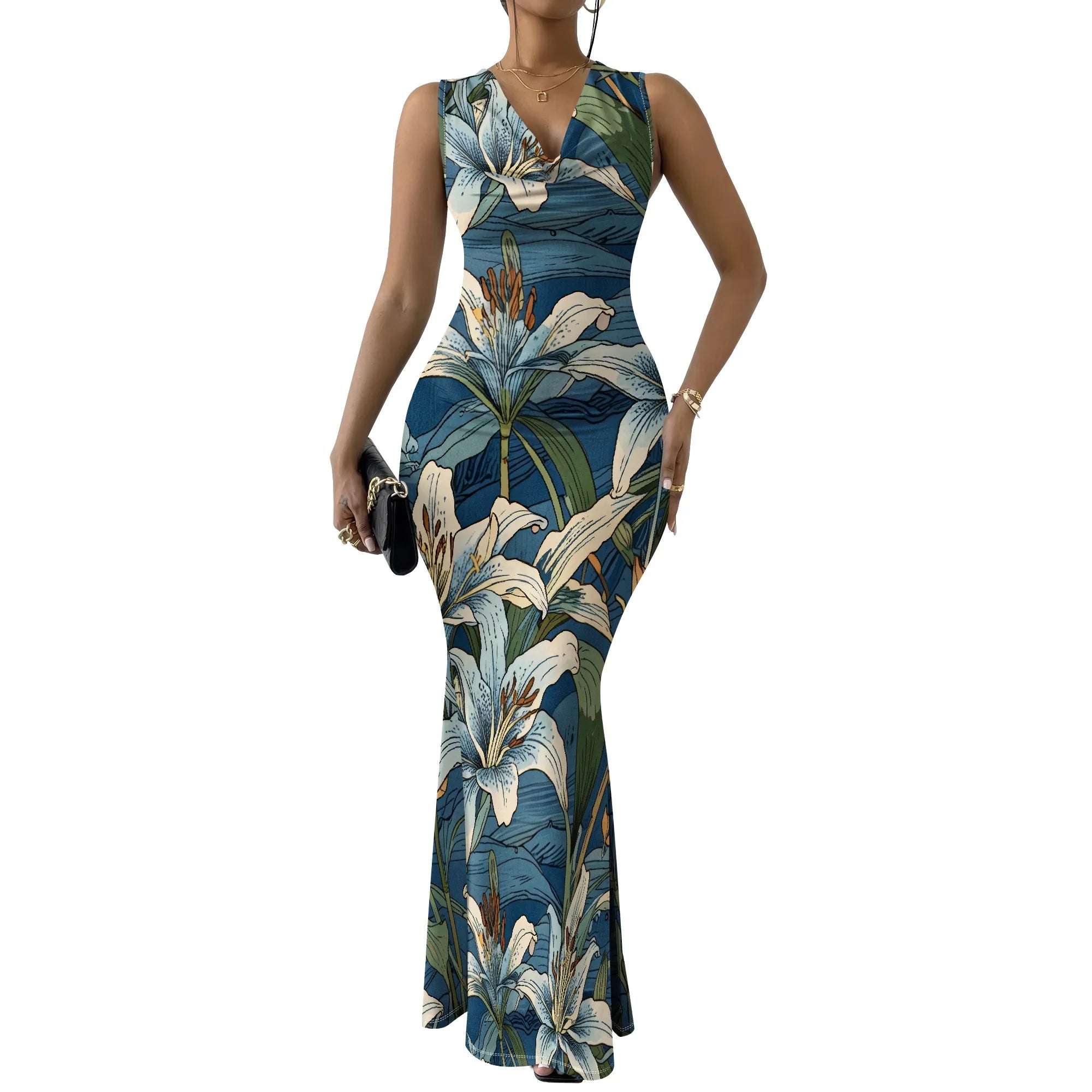 Women's Sexy V Neck Sleeveless Fitted Dress Elegant Casual Curve Pencil Skirt Cocktail Floral Print Long Evening Gown