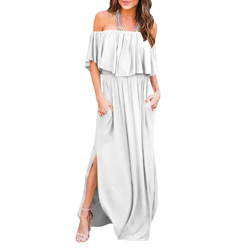 Womens Off The Shoulder Ruffle Party Dresses Side Split Beach Maxi Dress