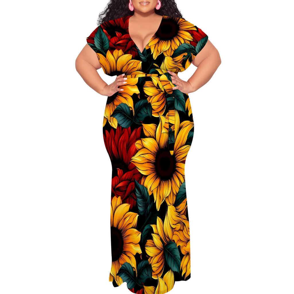 Plus Size Floral Print Maxi Dress V Neck Summer Casual Elegant Long Dress for Women