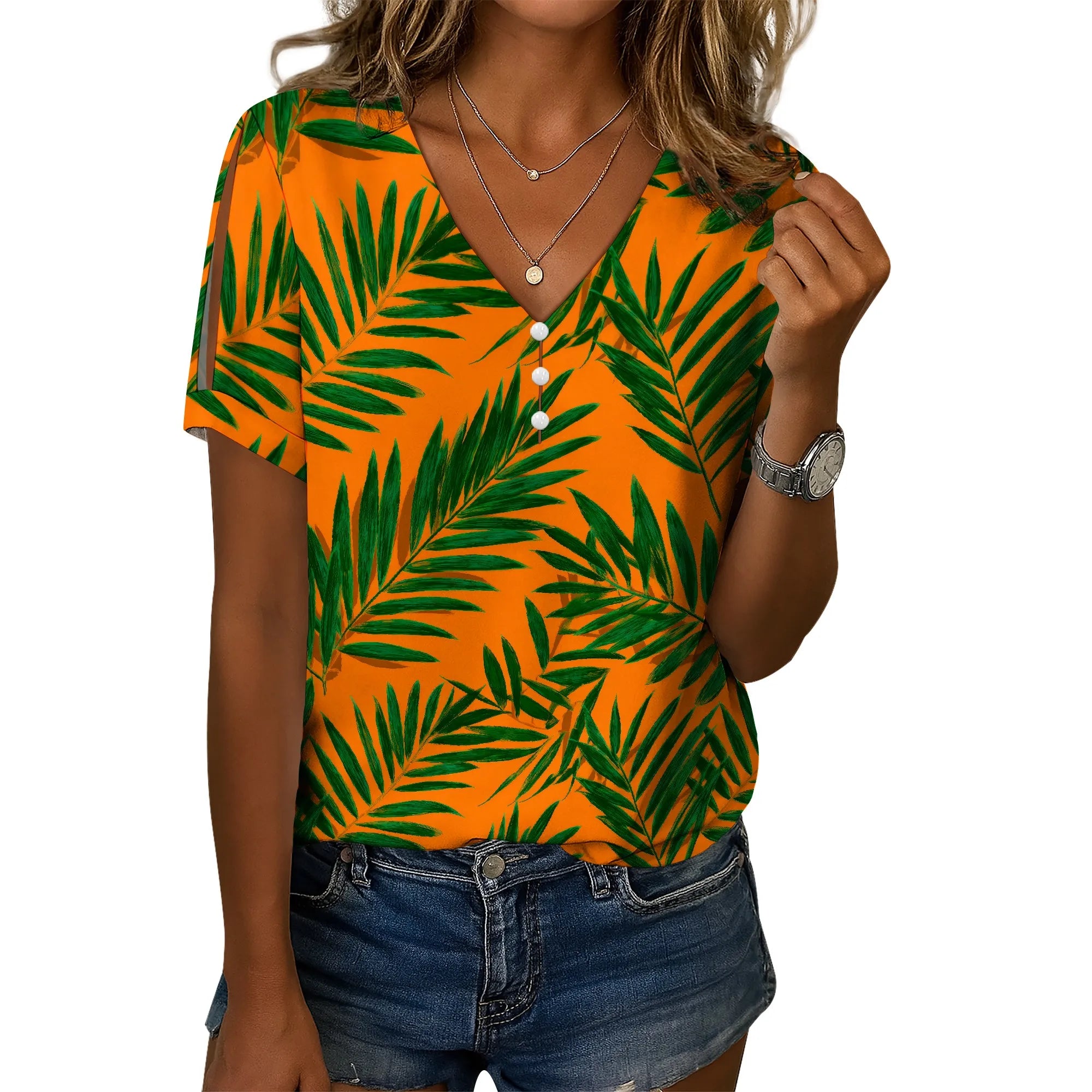 Cold Shoulder Casual Tops for Women Button Boho Floral Printed V-Neck Vintage Short Sleeve Summer T Shirts