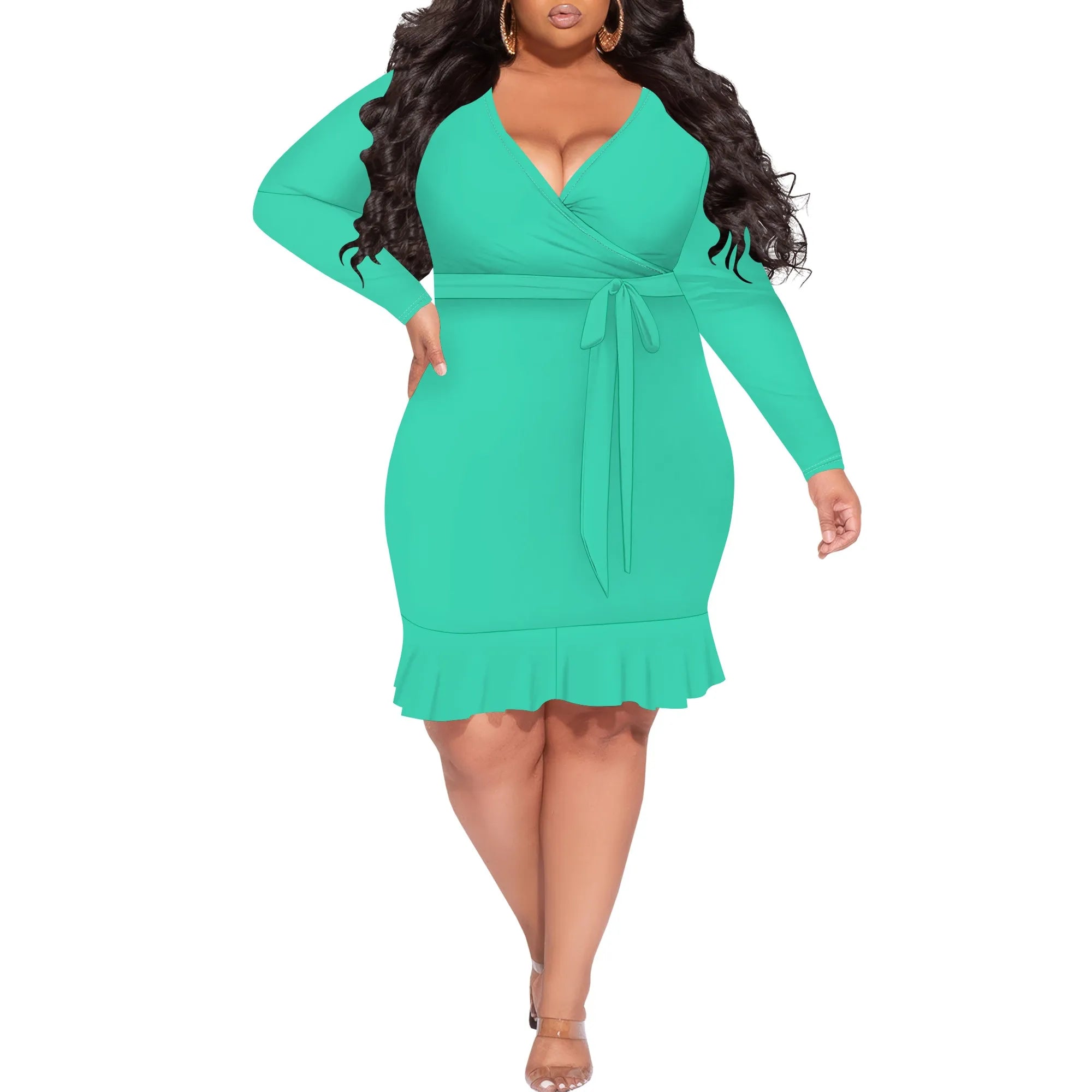 Plus Size Wrap Dress for Curvy Women Casual Solid Color Long Sleeve Club Party Cocktail Sundress Sexy Bodycon Fall Midi Dress