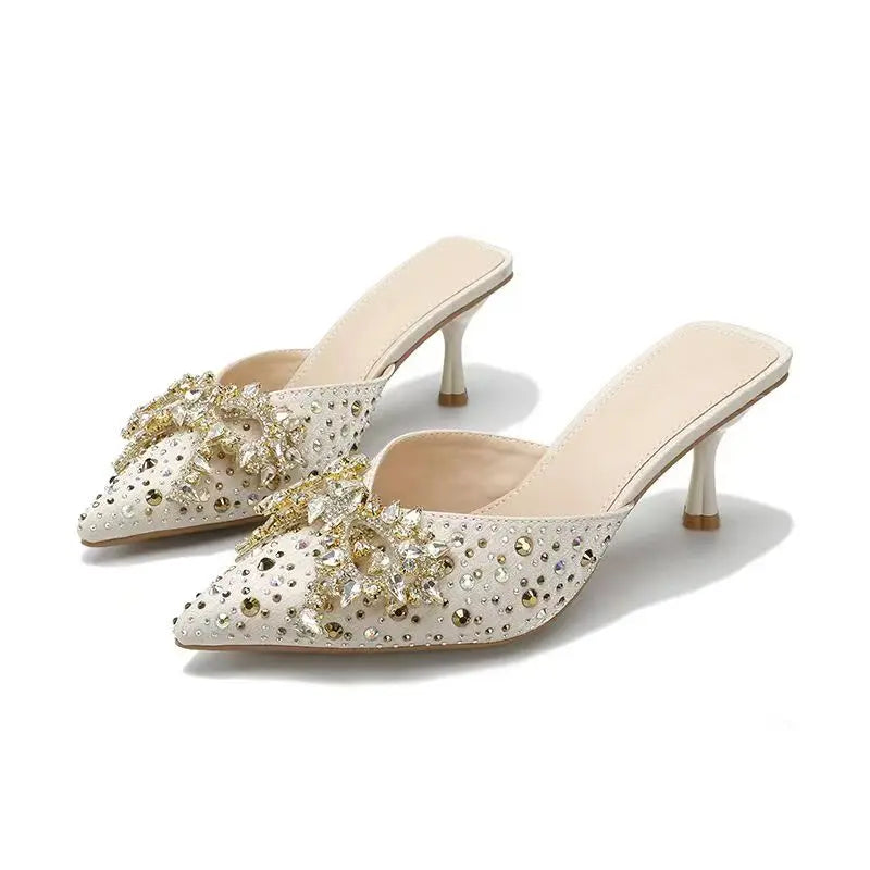 Pointed-toe, open-toe stiletto sandals with rhinestone bow detail Women's fashionable semi-open-toe high-heel sandals