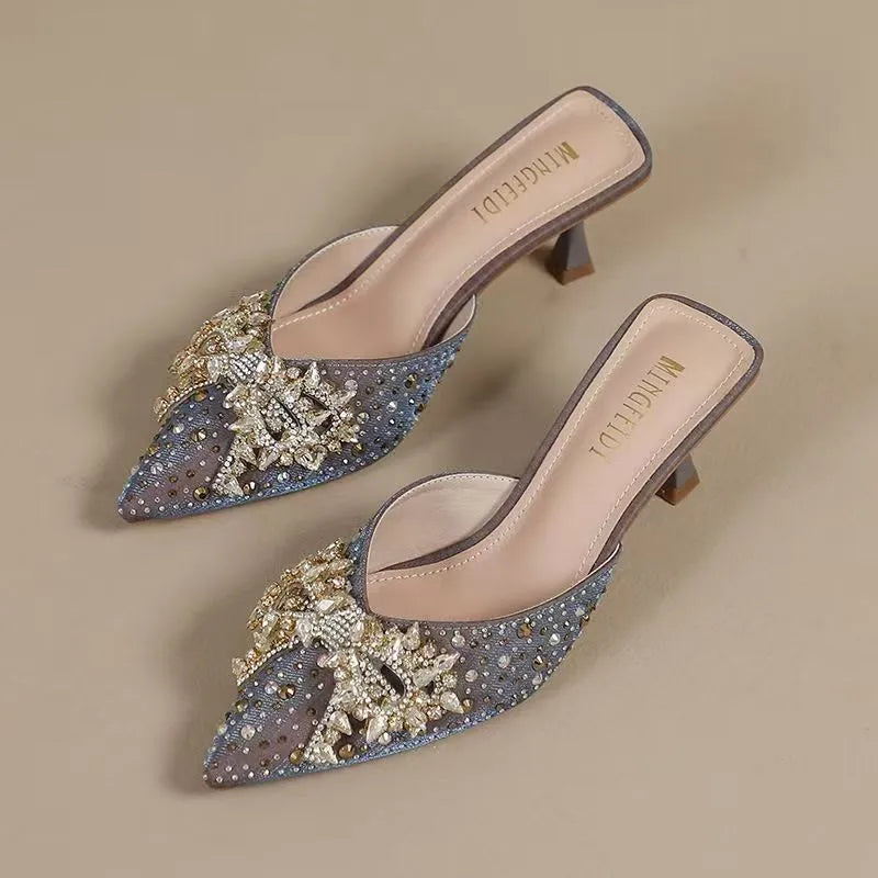 Pointed-toe, open-toe stiletto sandals with rhinestone bow detail Women's fashionable semi-open-toe high-heel sandals
