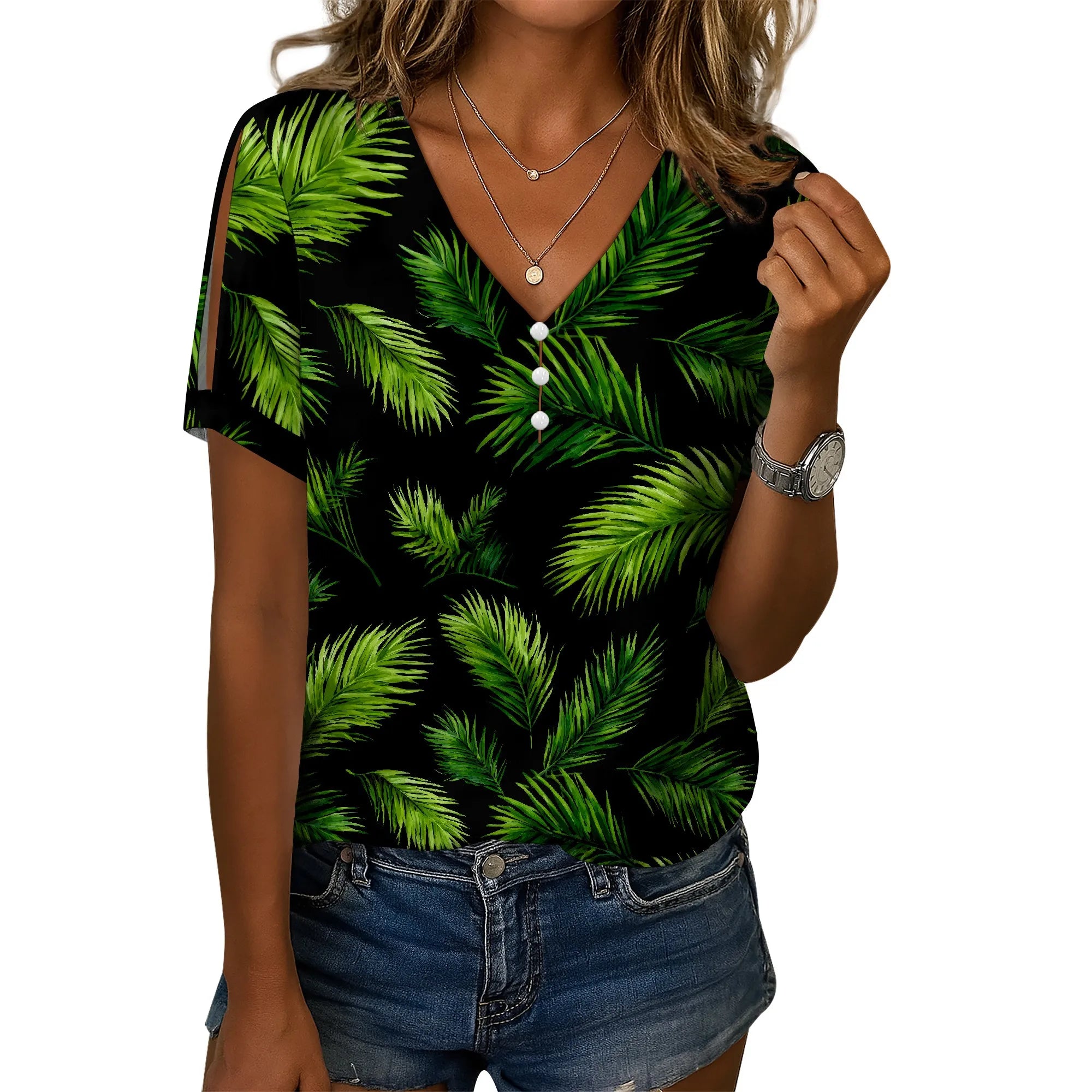 Cold Shoulder Casual Tops for Women Button Boho Floral Printed V-Neck Vintage Short Sleeve Summer T Shirts