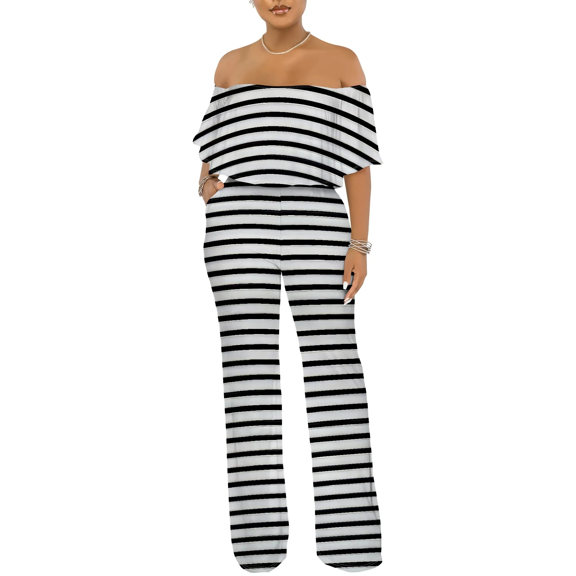 Off Shoulder Tube Top Ruffle Floral Print Jumpsuits for Women Wide Leg Pants Club Party Outfits Jumpsuit with Pockets