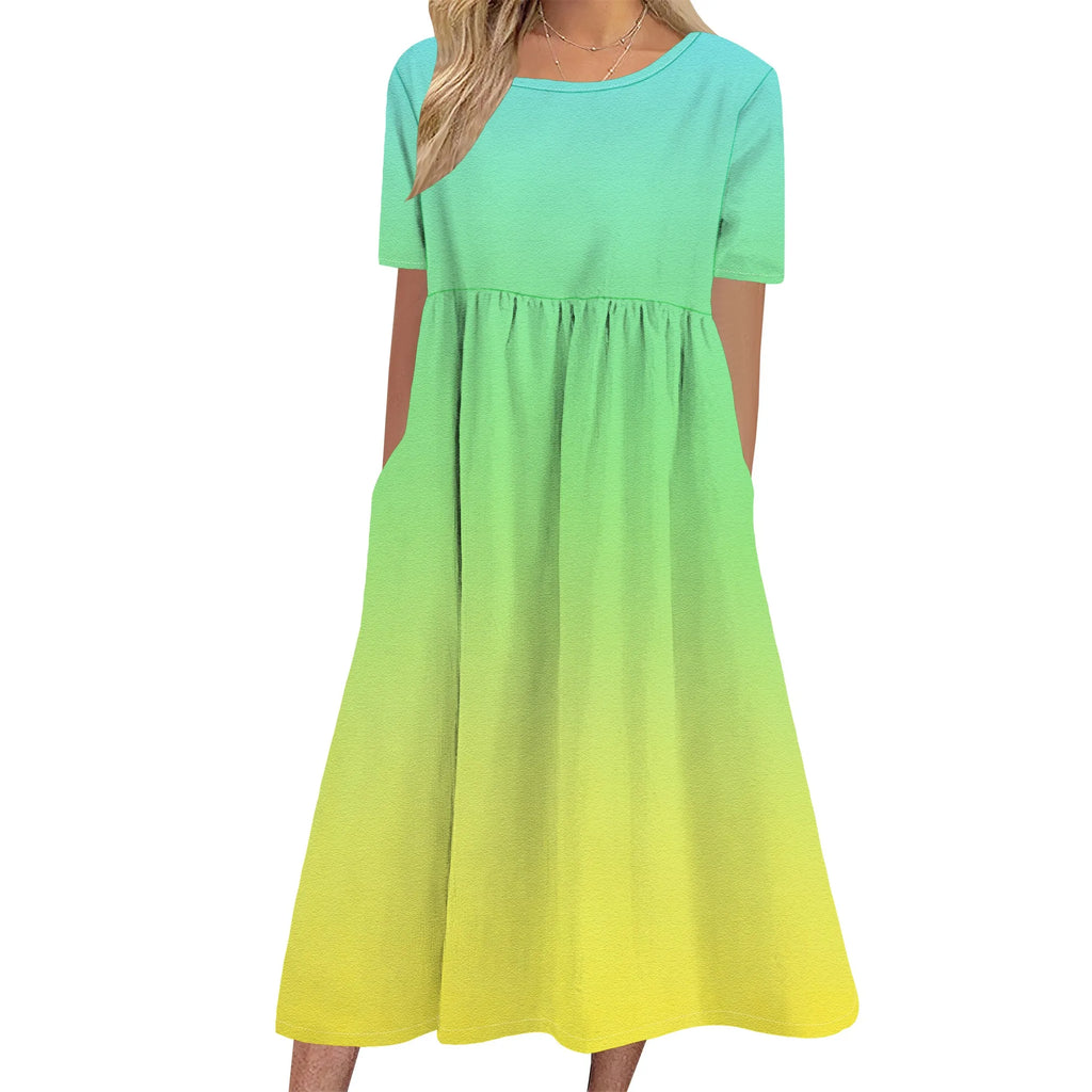 Robe longue en lin à manches courtes pour femme, coupe ample et décontractée, grande taille, avec poches, idéale pour la plage. 