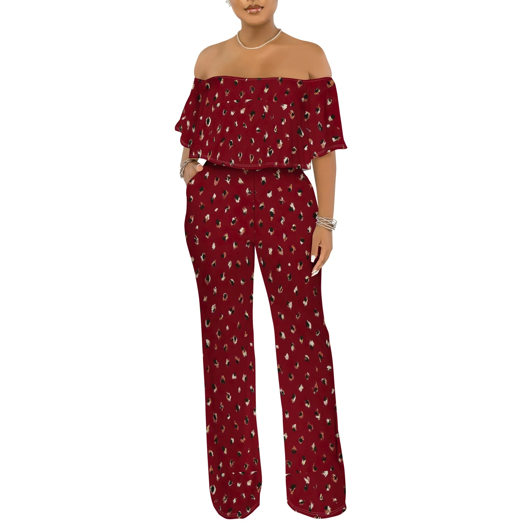 Off Shoulder Tube Top Ruffle Floral Print Jumpsuits for Women Wide Leg Pants Club Party Outfits Jumpsuit with Pockets