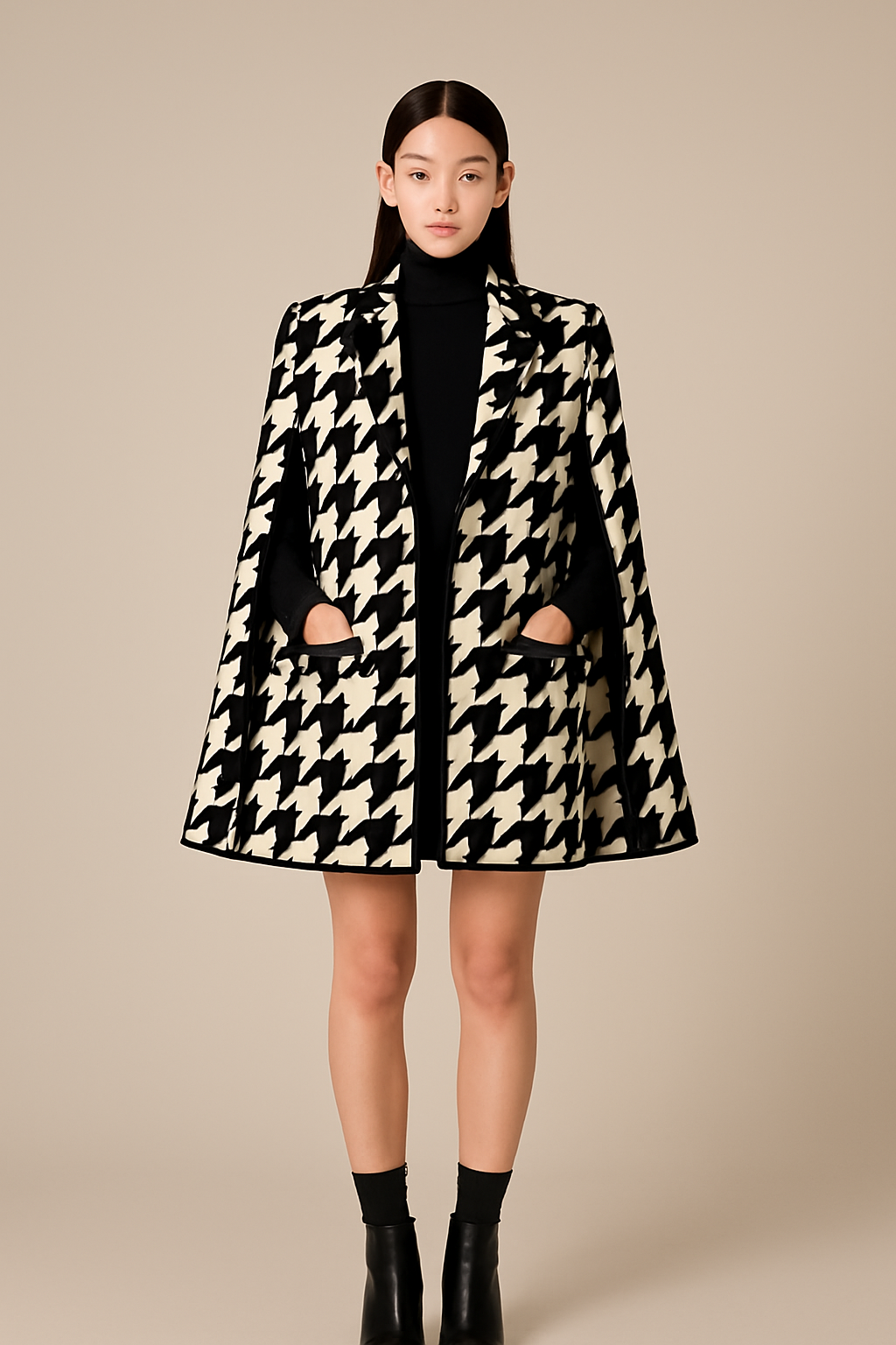 Houndstooth Woolen Cape Coat & Shorts – Elegant & Fashionable Set