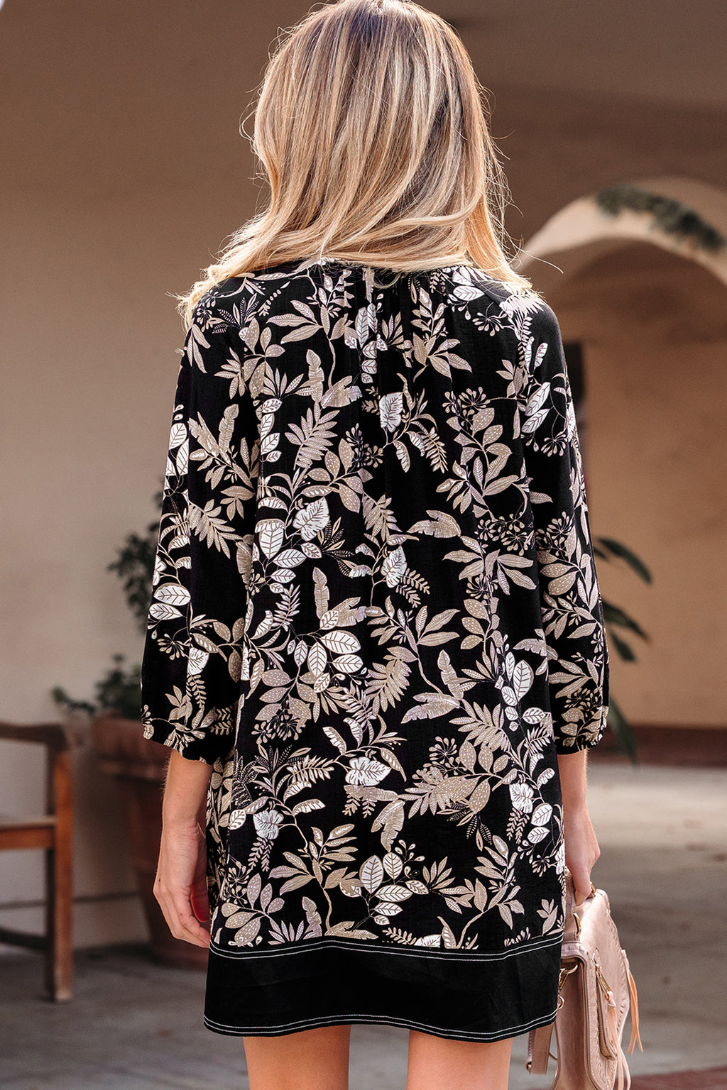 Floral Patchwork Split Neck 3/4 Sleeve Mini Dress