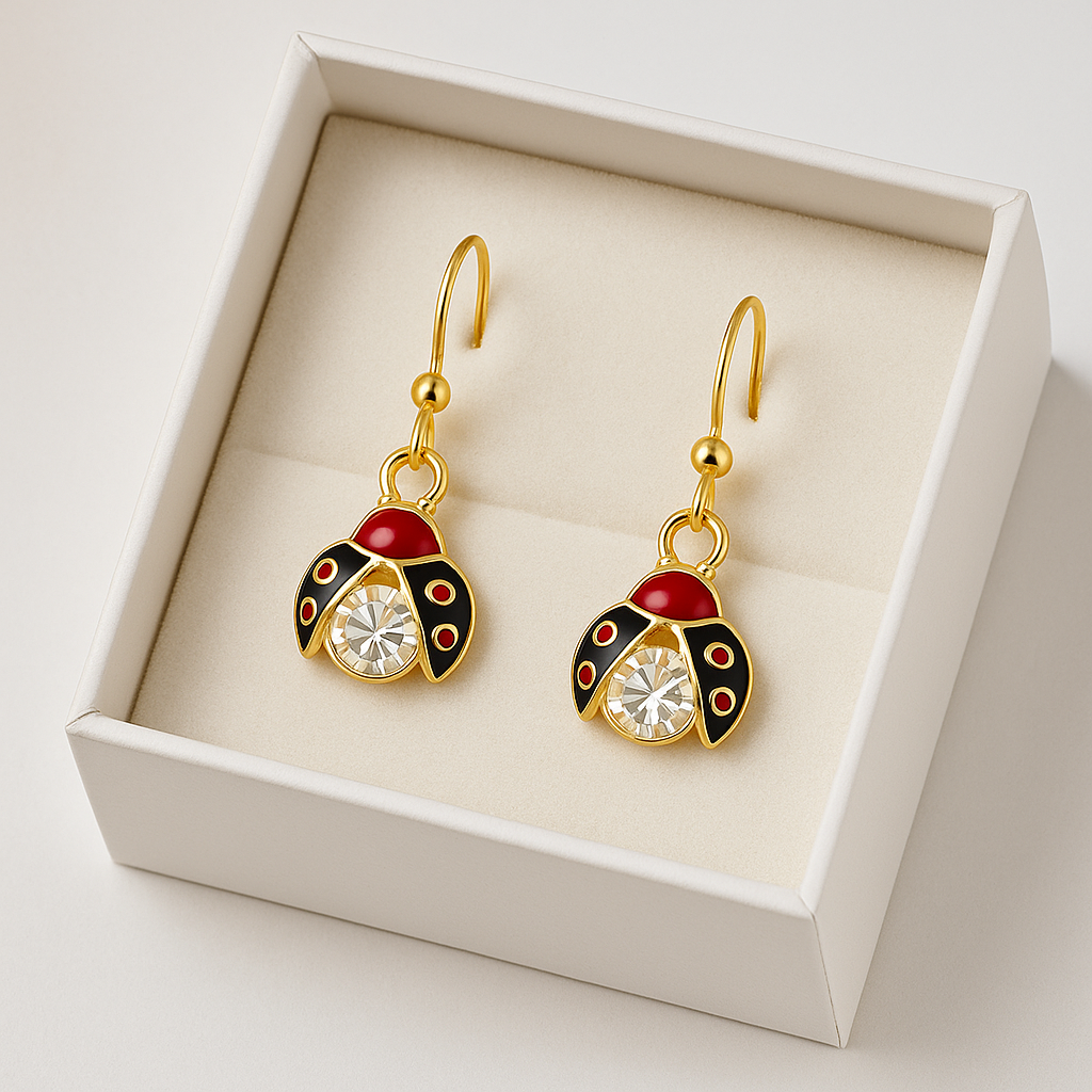 Handmade Lucky Ladybug Earrings, 18K Gold plated