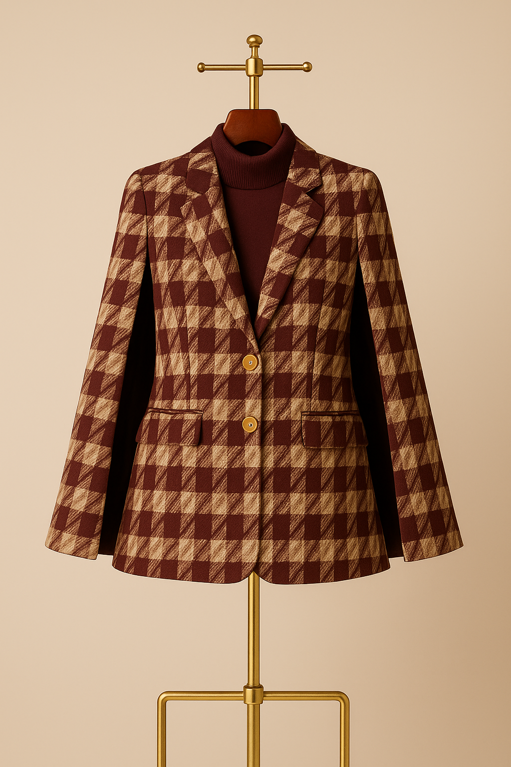 Houndstooth Woolen Cape Coat & Shorts – Elegant & Fashionable Set