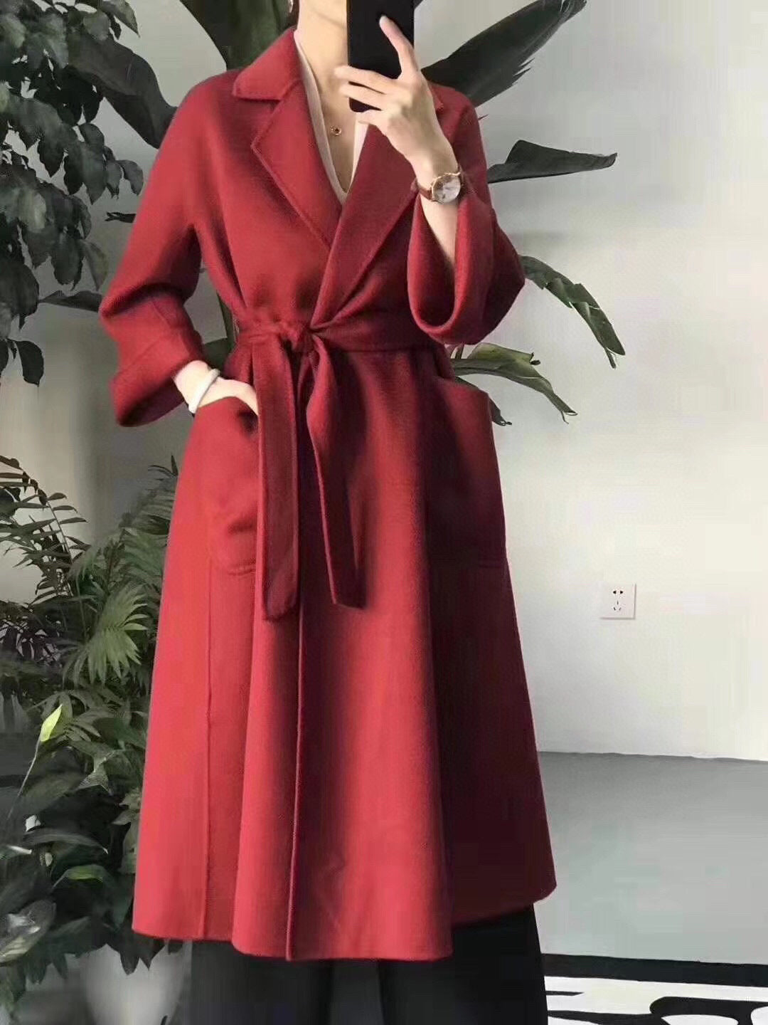 Women's Long Water Ripple Double-Sided Wool Coat – Elegant & Versatile