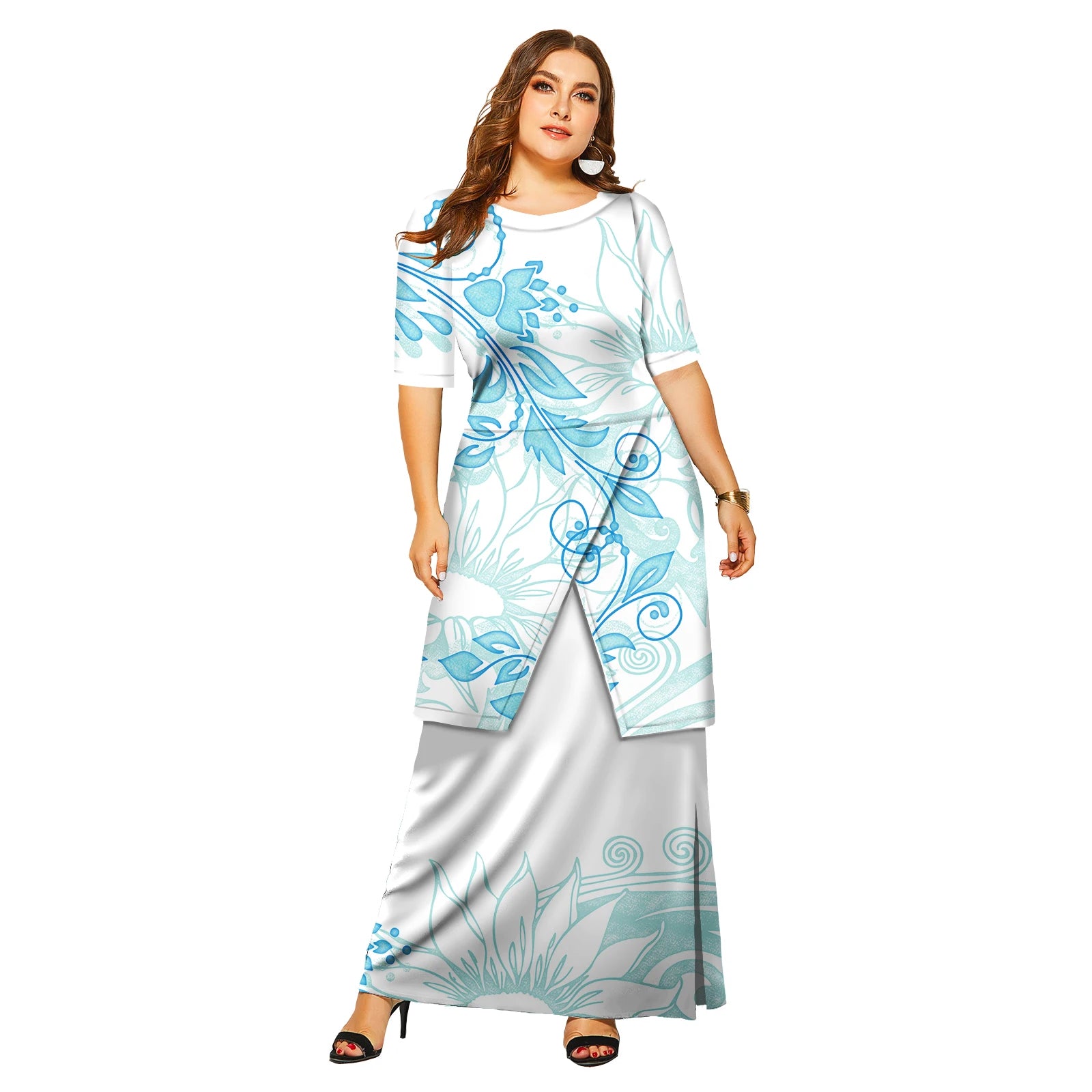 New Fashion Floral Sleeve Elegant Women Long Dress Pacific Island Hawaiian Beach Wear Puletasi Dresses