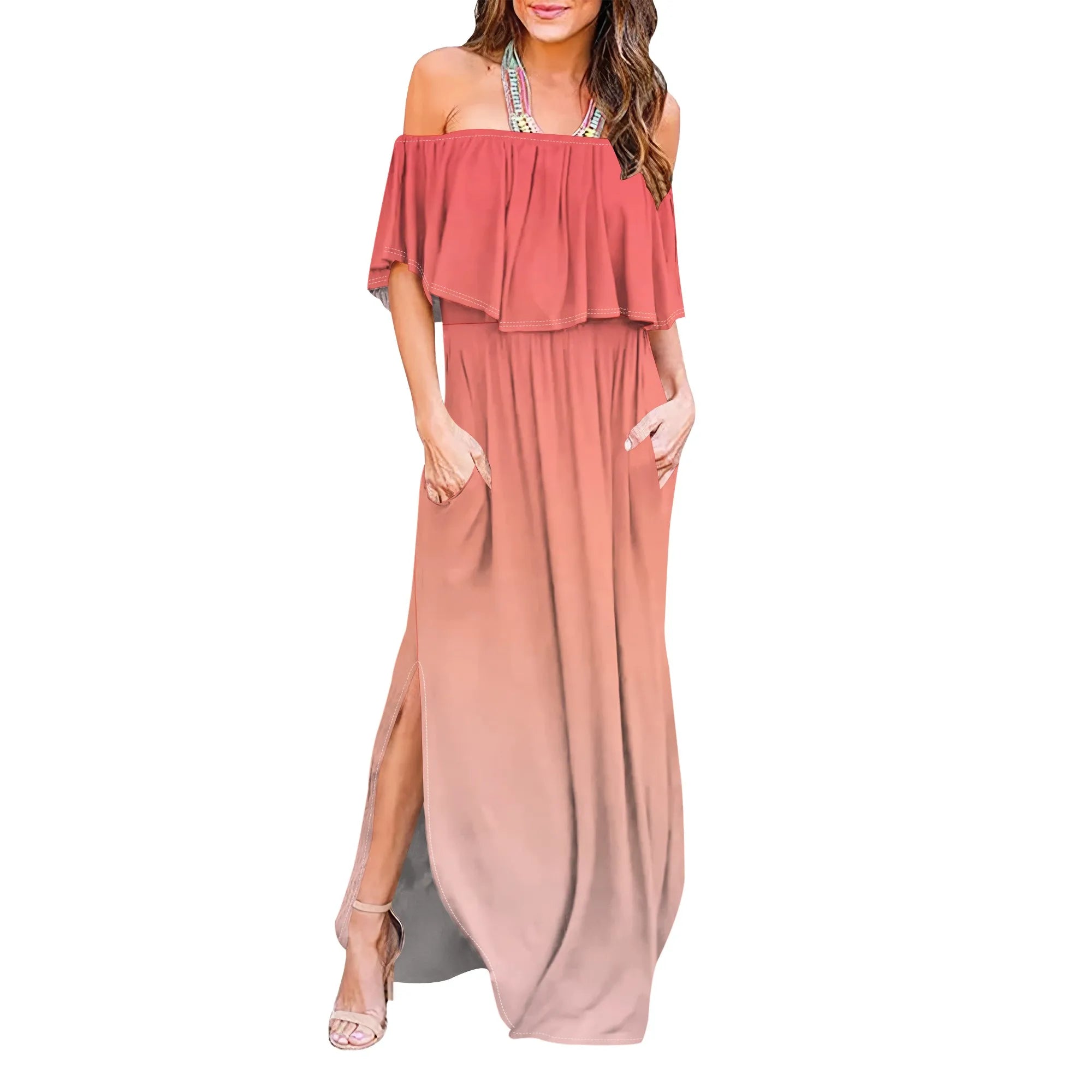 Womens Off The Shoulder Ruffle Party Dresses Side Split Beach Maxi Dress