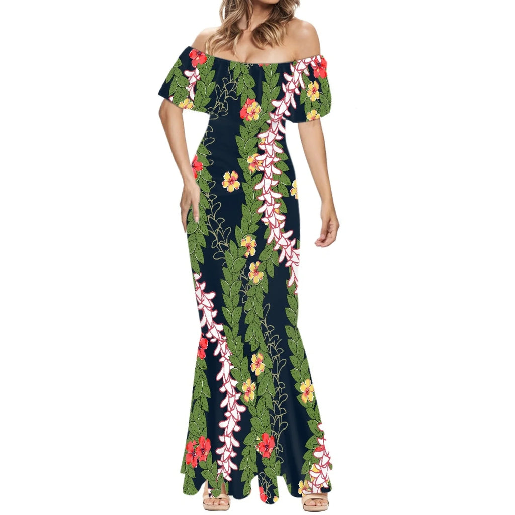 Elegante falda de cola de pez estilo Tonga con estampado floral hawaiano Puakenikeni polinesio premium 2025, hecha a medida. 