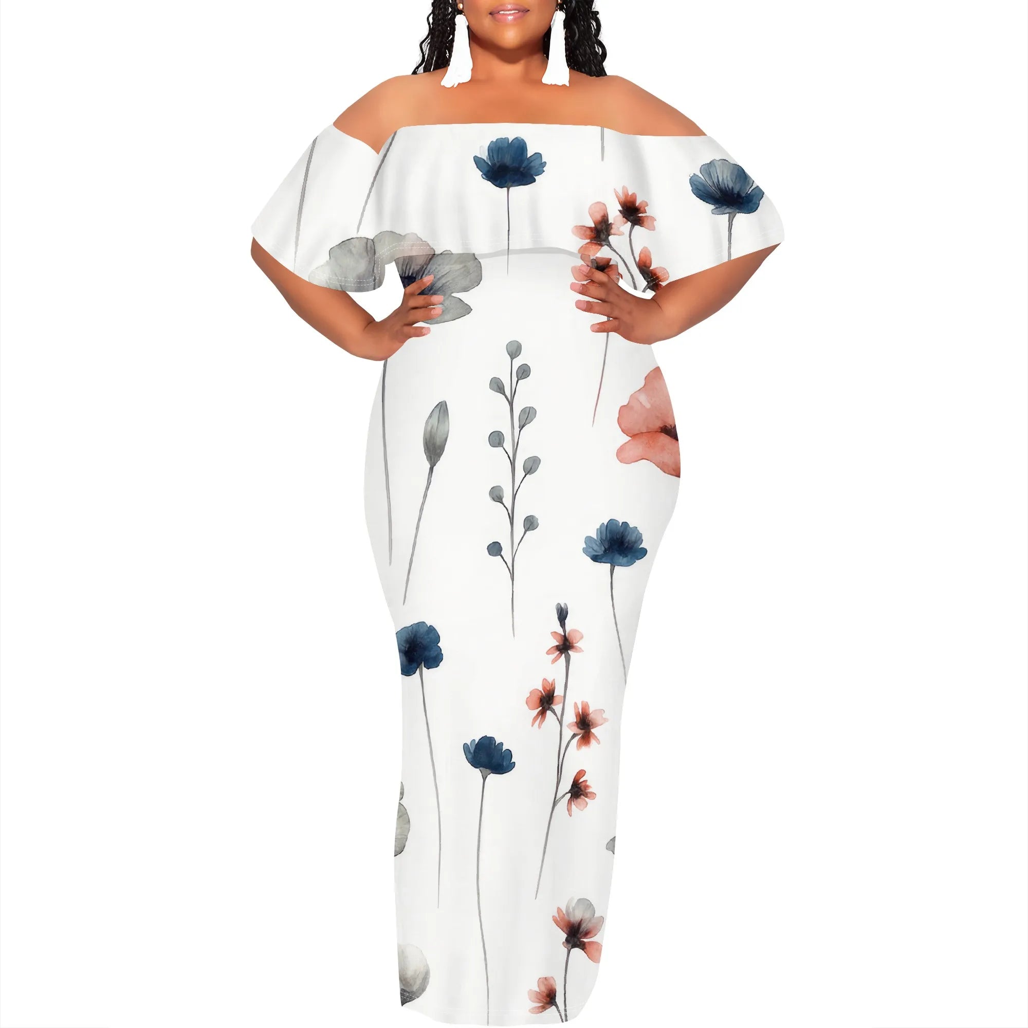 Curvy Women Casual Solid Color Off Shoulder Casual Short Sleeve Sexy Plus Size Maxi Dress Cocktail Club Party Dresses