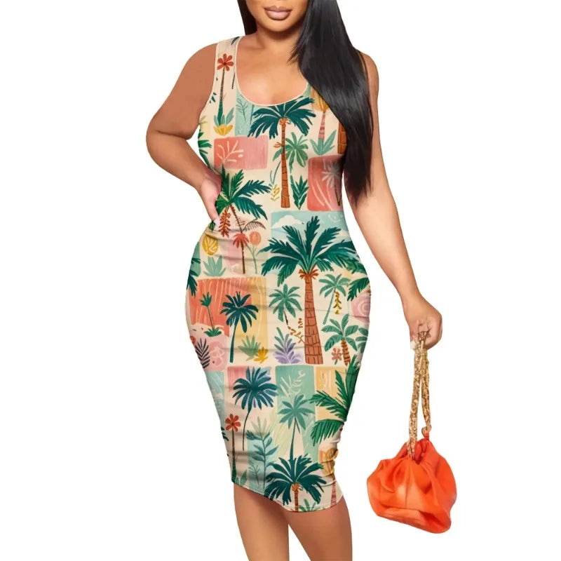 Women's Summer Casual Sexy Tank Bodycon Dress U Neck Wrap Sleeveless Midi Club Party Dress Floral Print Pencil Dress