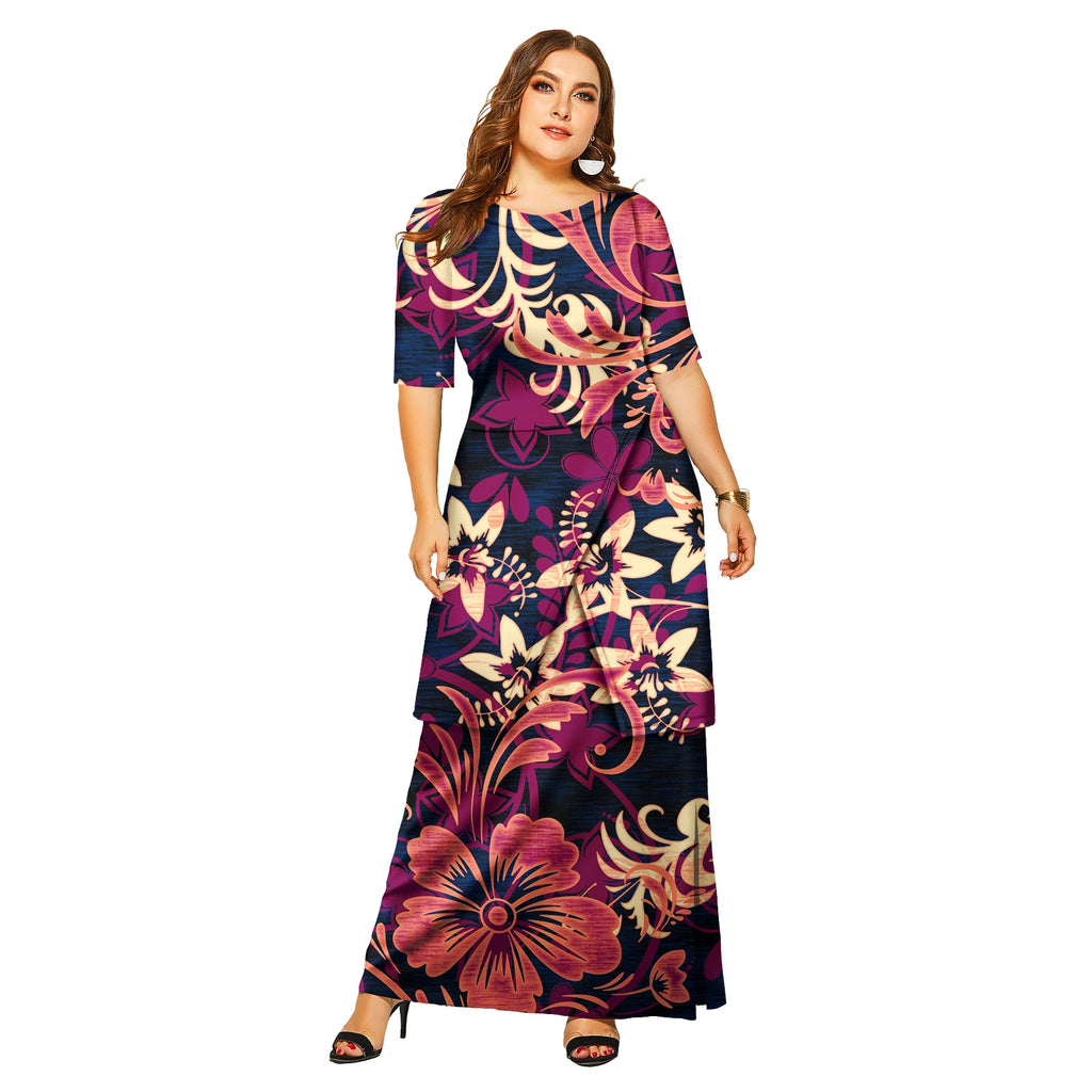 Vestido largo elegante con mangas florales para mujer, estilo hawaiano de las Islas del Pacífico, para playa, Puletasi 