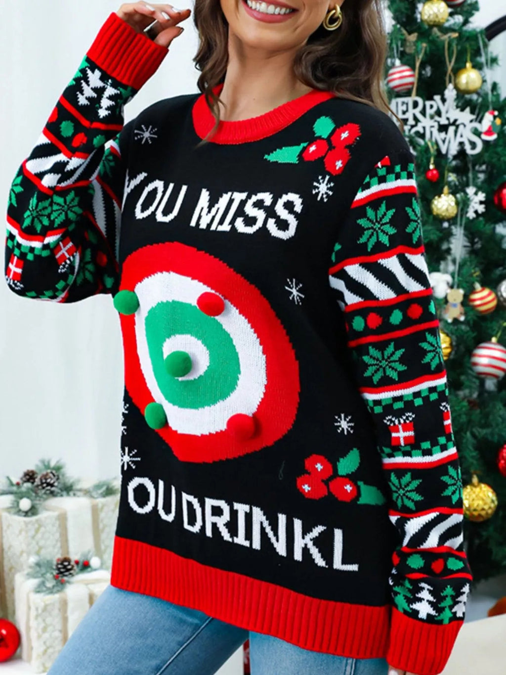 Christmas Ribbed Hem Long Sleeve Sweater