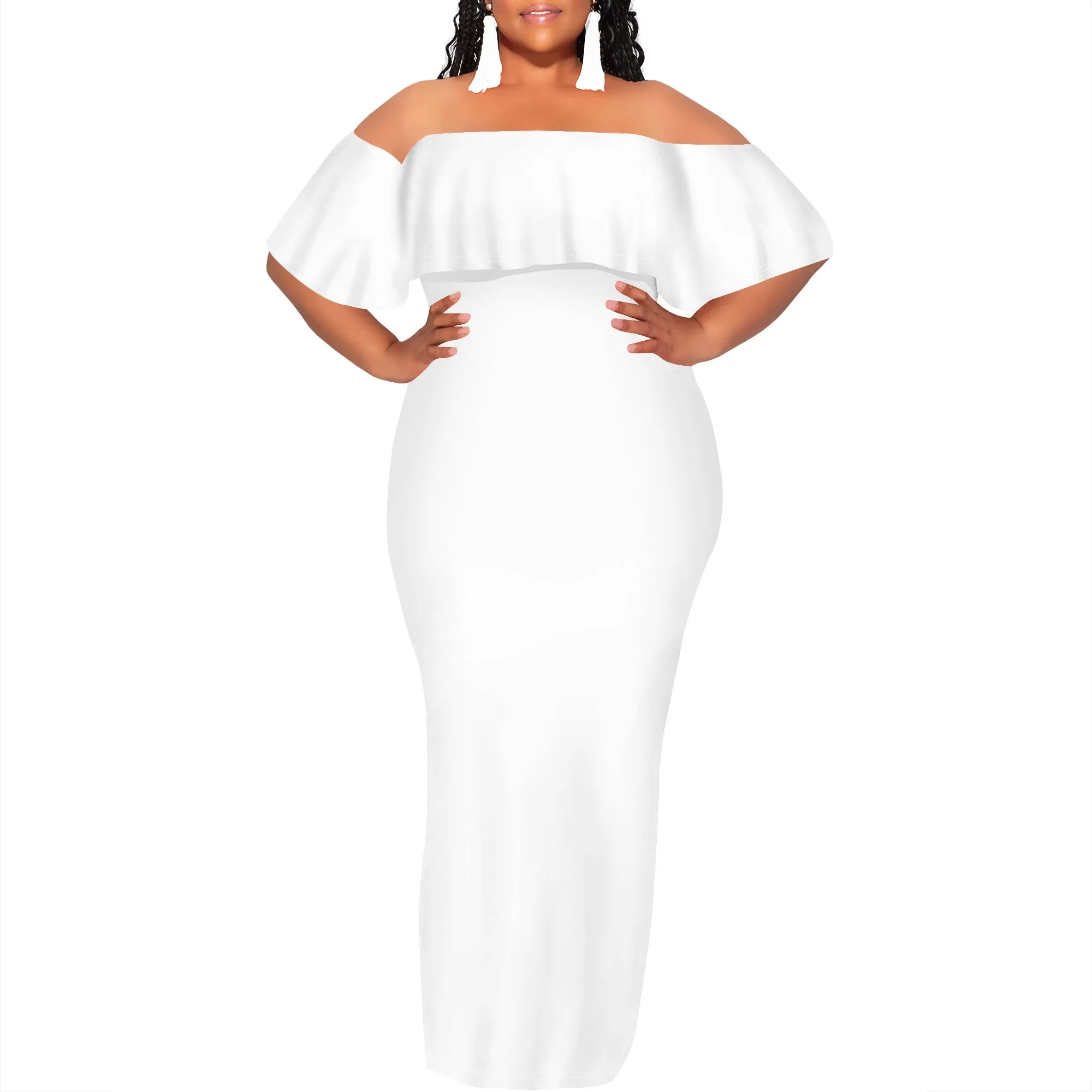 Curvy Women Casual Solid Color Off Shoulder Casual Short Sleeve Sexy Plus Size Maxi Dress Cocktail Club Party Dresses