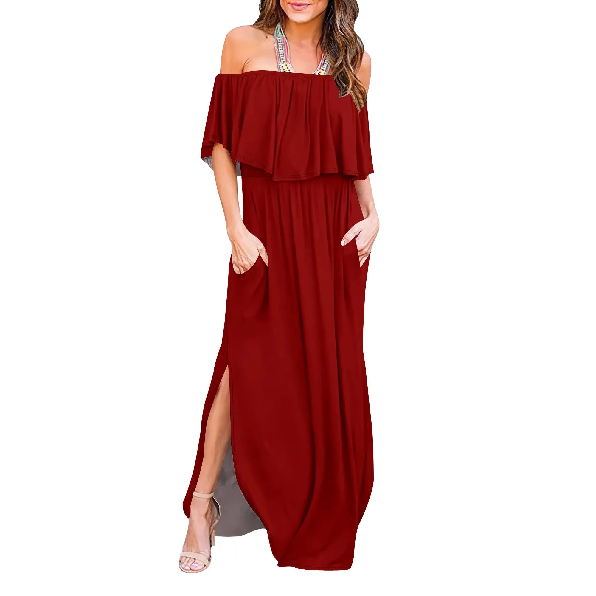 Womens Off The Shoulder Ruffle Party Dresses Side Split Beach Maxi Dress