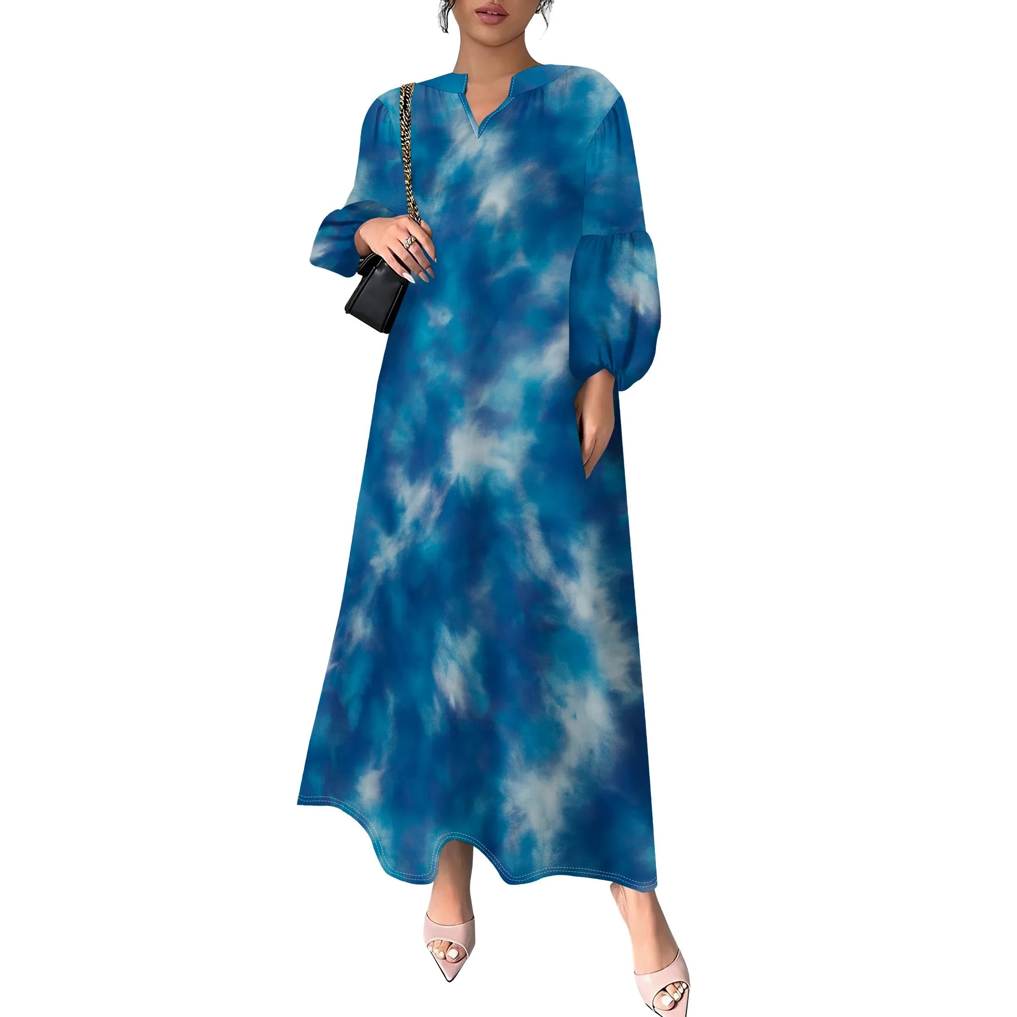 Women's Summer Boho Floral Long Sleeve V-Neck Midi Dress Casual Loose Colorful Beach Vacation Dress with Pockets