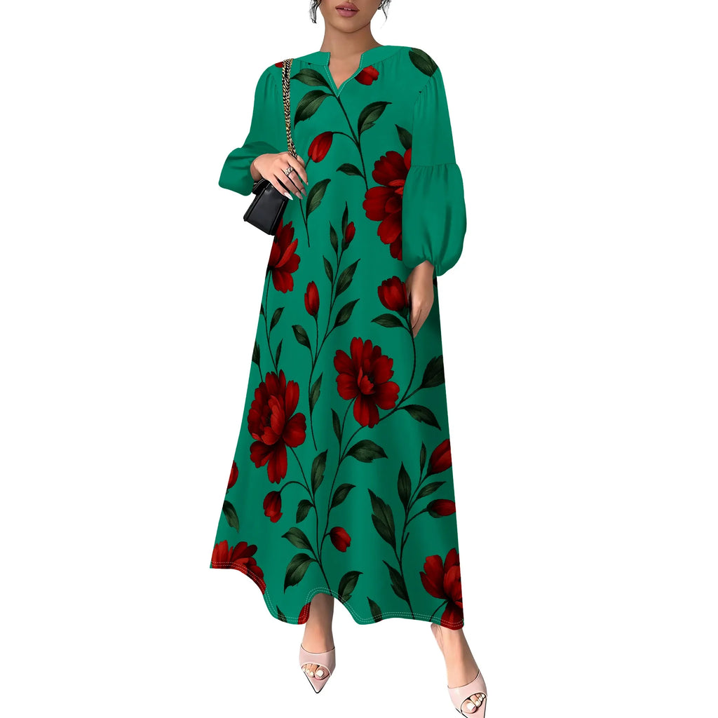 Women's Summer Boho Floral Long Sleeve V-Neck Midi Dress Casual Loose Colorful Beach Vacation Dress with Pockets