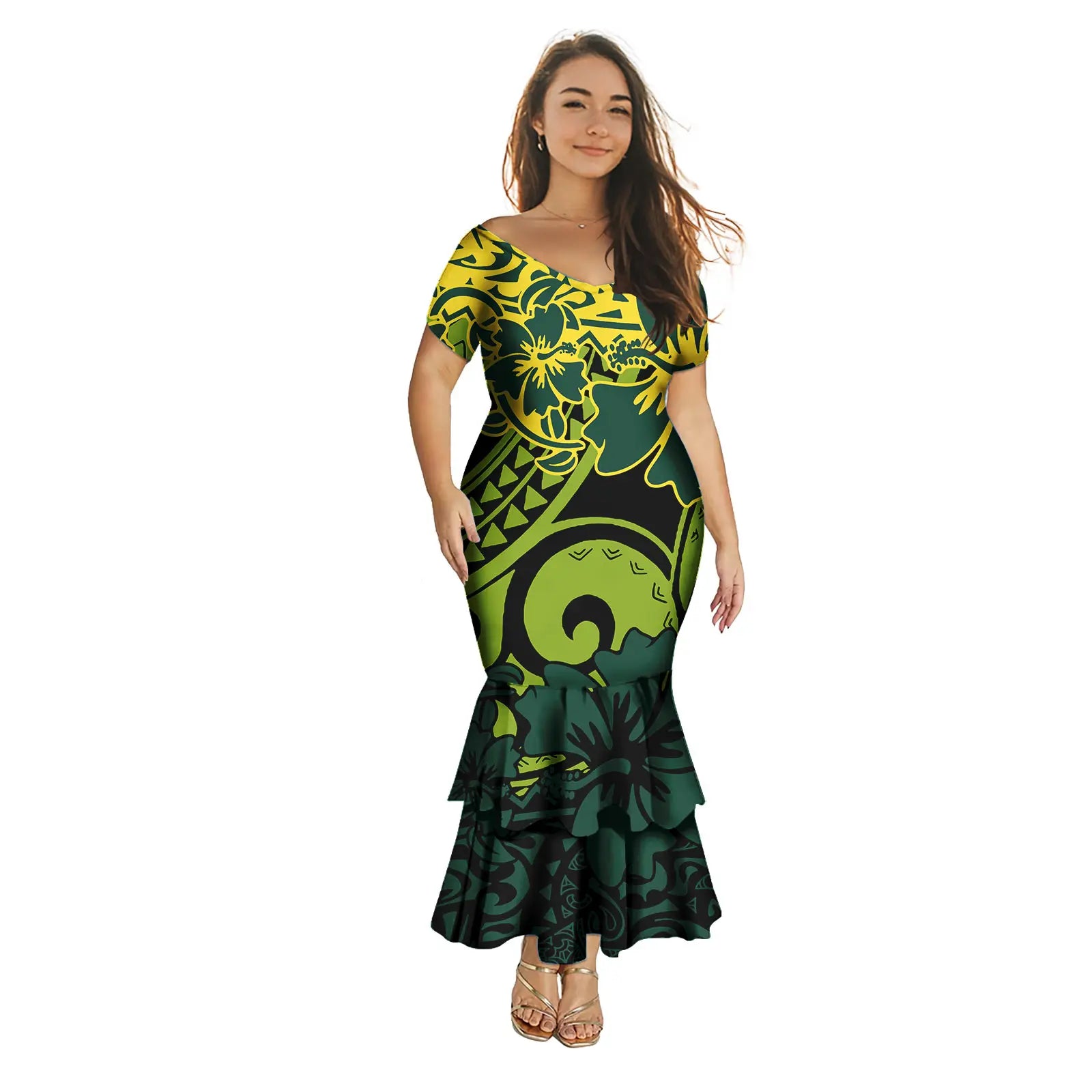 Fashion Puletasi Polynesian Dress for Women Luxury Print Maxi Mermaid Evening Dress Sexy Off Shoulder Dresses