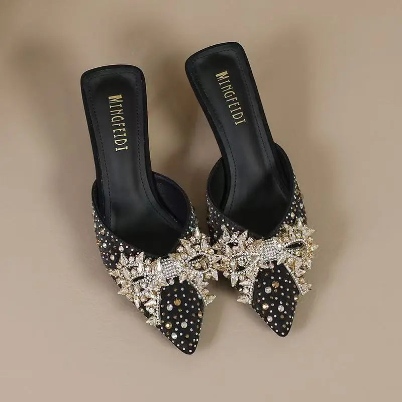 Pointed-toe, open-toe stiletto sandals with rhinestone bow detail Women's fashionable semi-open-toe high-heel sandals