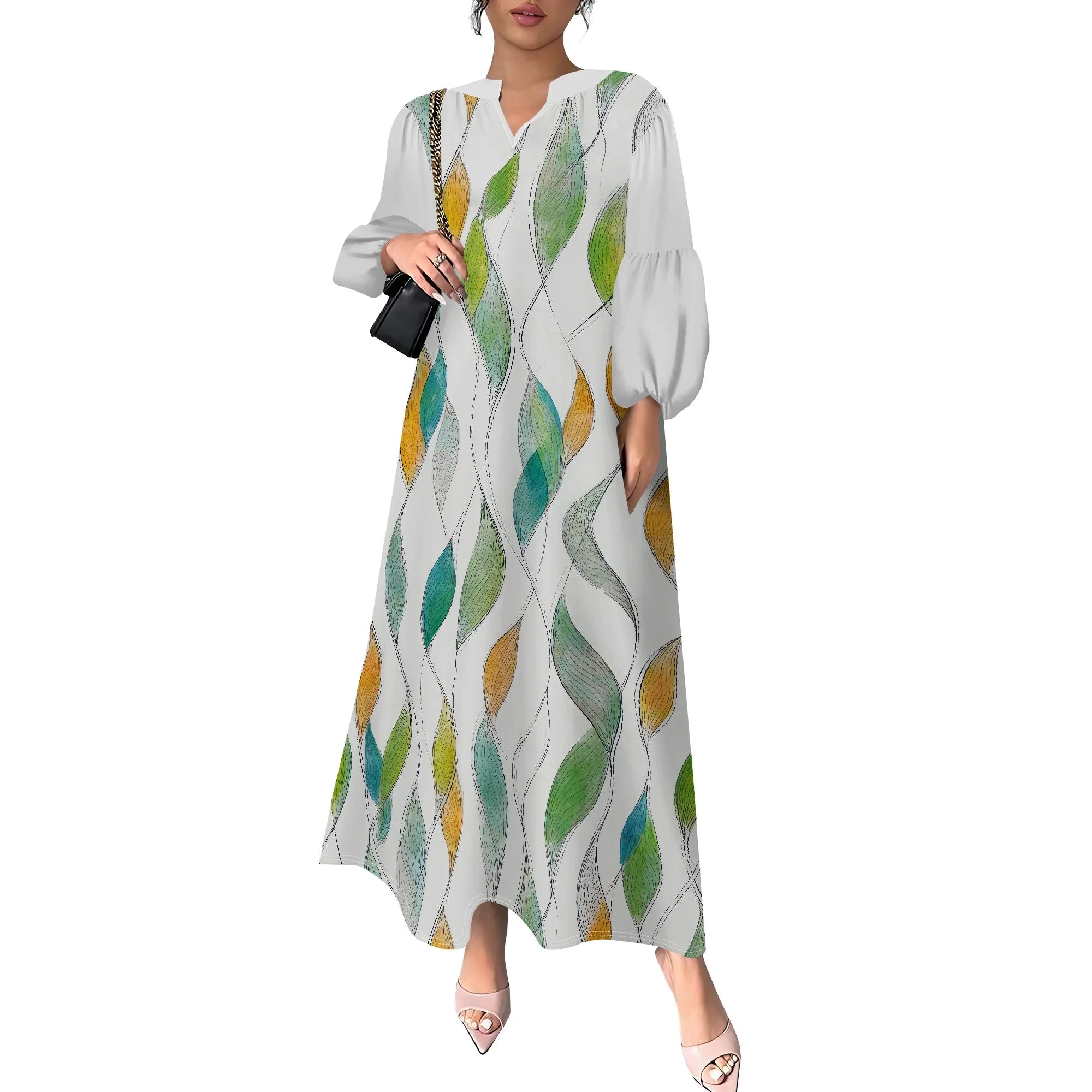 Women's Summer Boho Floral Long Sleeve V-Neck Midi Dress Casual Loose Colorful Beach Vacation Dress with Pockets