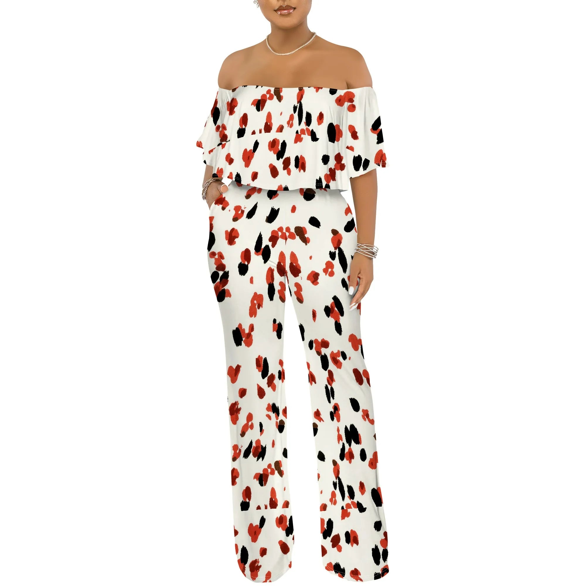 Off Shoulder Tube Top Ruffle Floral Print Jumpsuits for Women Wide Leg Pants Club Party Outfits Jumpsuit with Pockets
