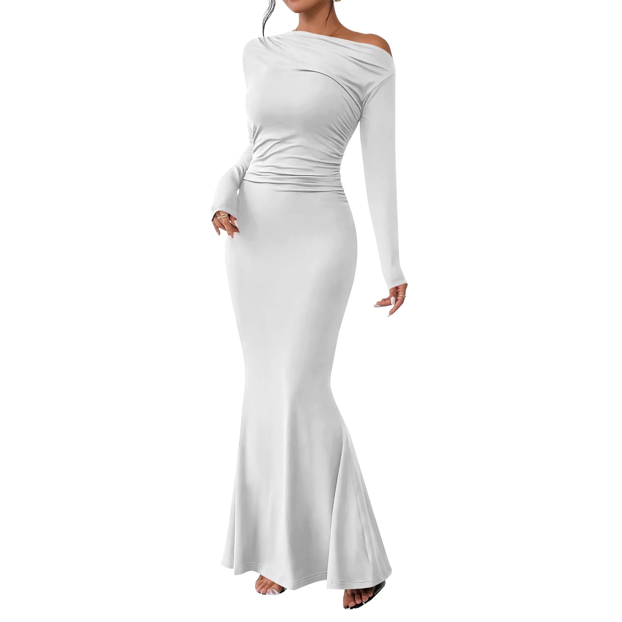 Vestido largo ajustado con cuello redondo y fruncido para mujer, manga larga, corte entallado, elegante, acampanado, para noche, cóctel o fiesta. 