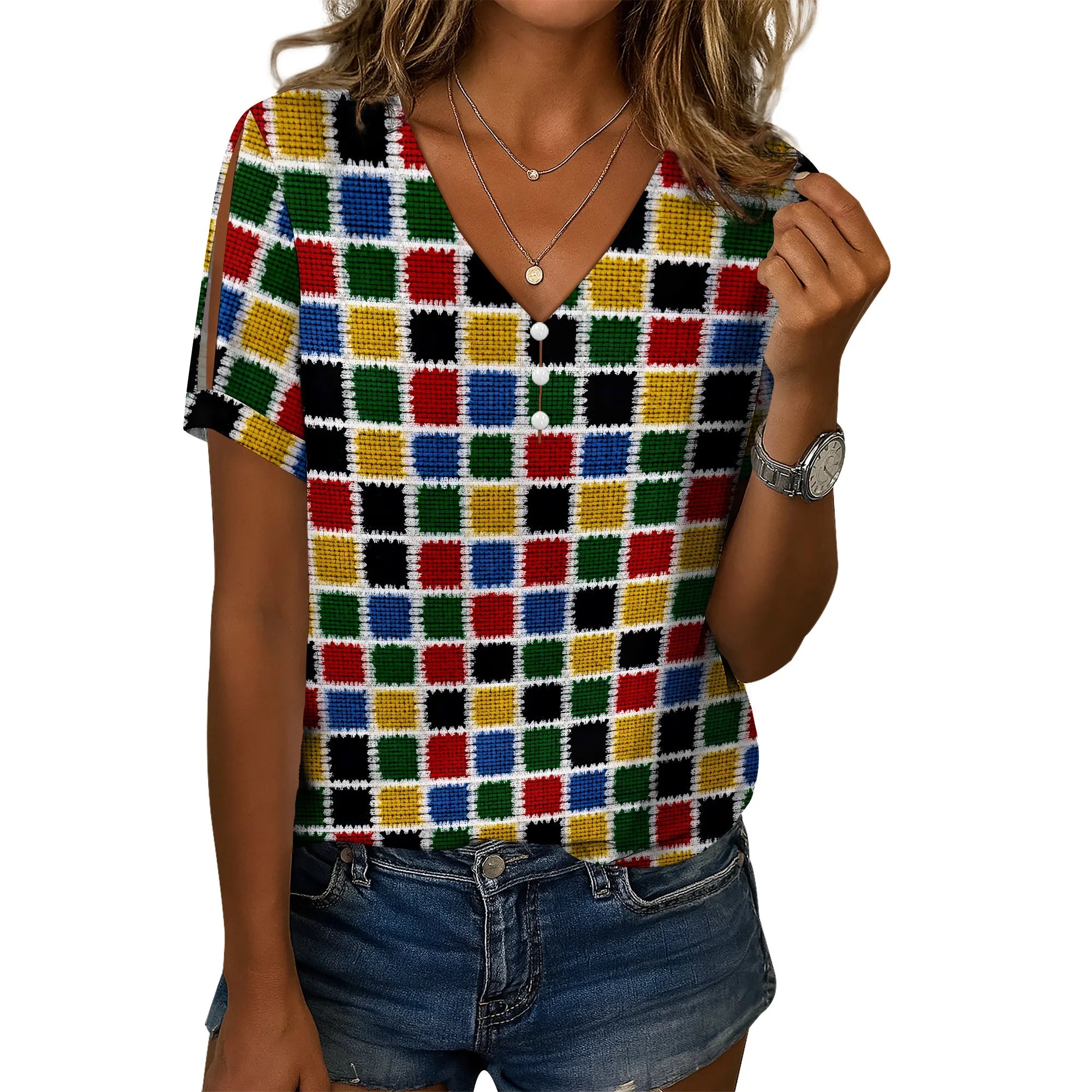 Cold Shoulder Casual Tops for Women Button Boho Floral Printed V-Neck Vintage Short Sleeve Summer T Shirts