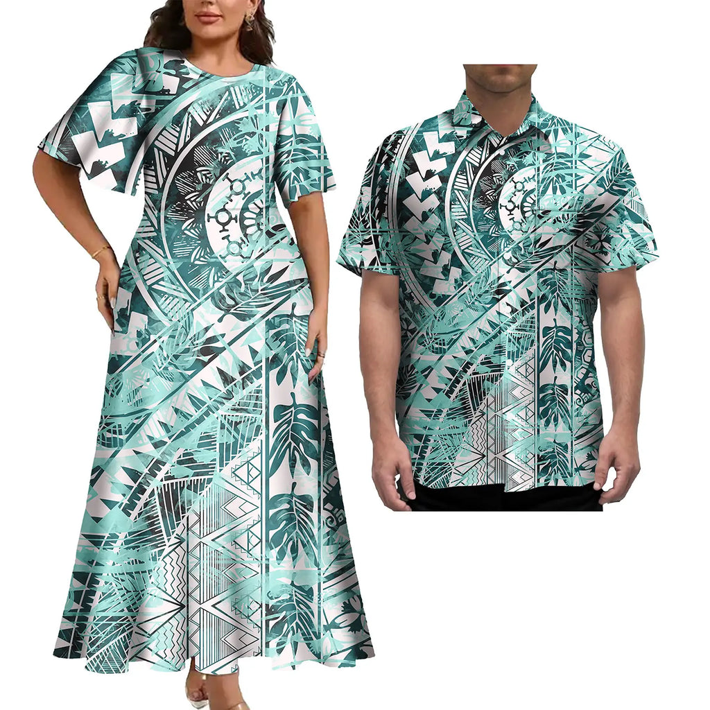 Vestido informal de talla grande para mujer con estampado tropical polinesio, estilo isleño, con camisa hawaiana a juego para hombre. 