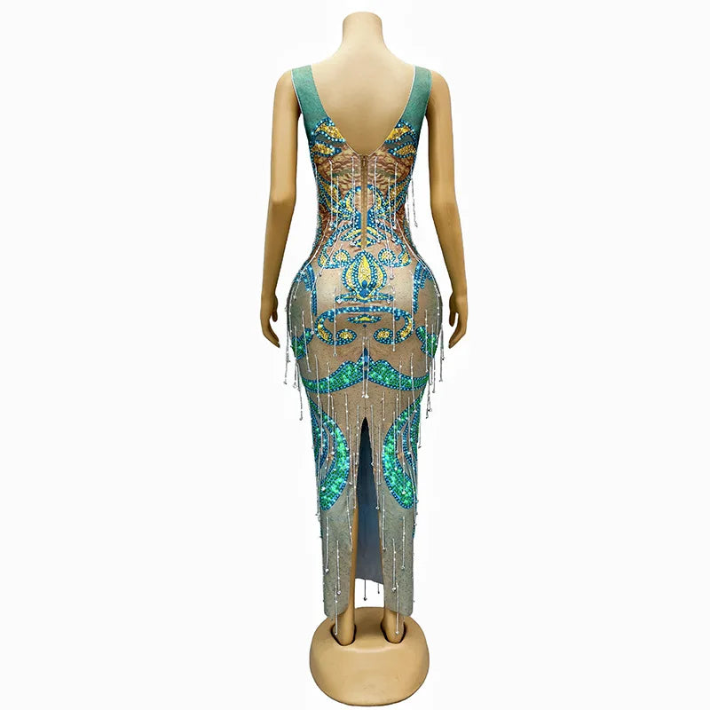 2025 Blue-green White Temperament Deep V Rear Split Dress Bar Nightclub Dancing Activity Dance Performance Clothes Signing Party