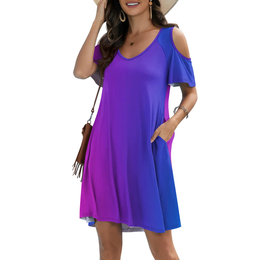 Vestido estilo camiseta de manga corta con hombros descubiertos, escote en V y bolsillos para mujer, talla grande 