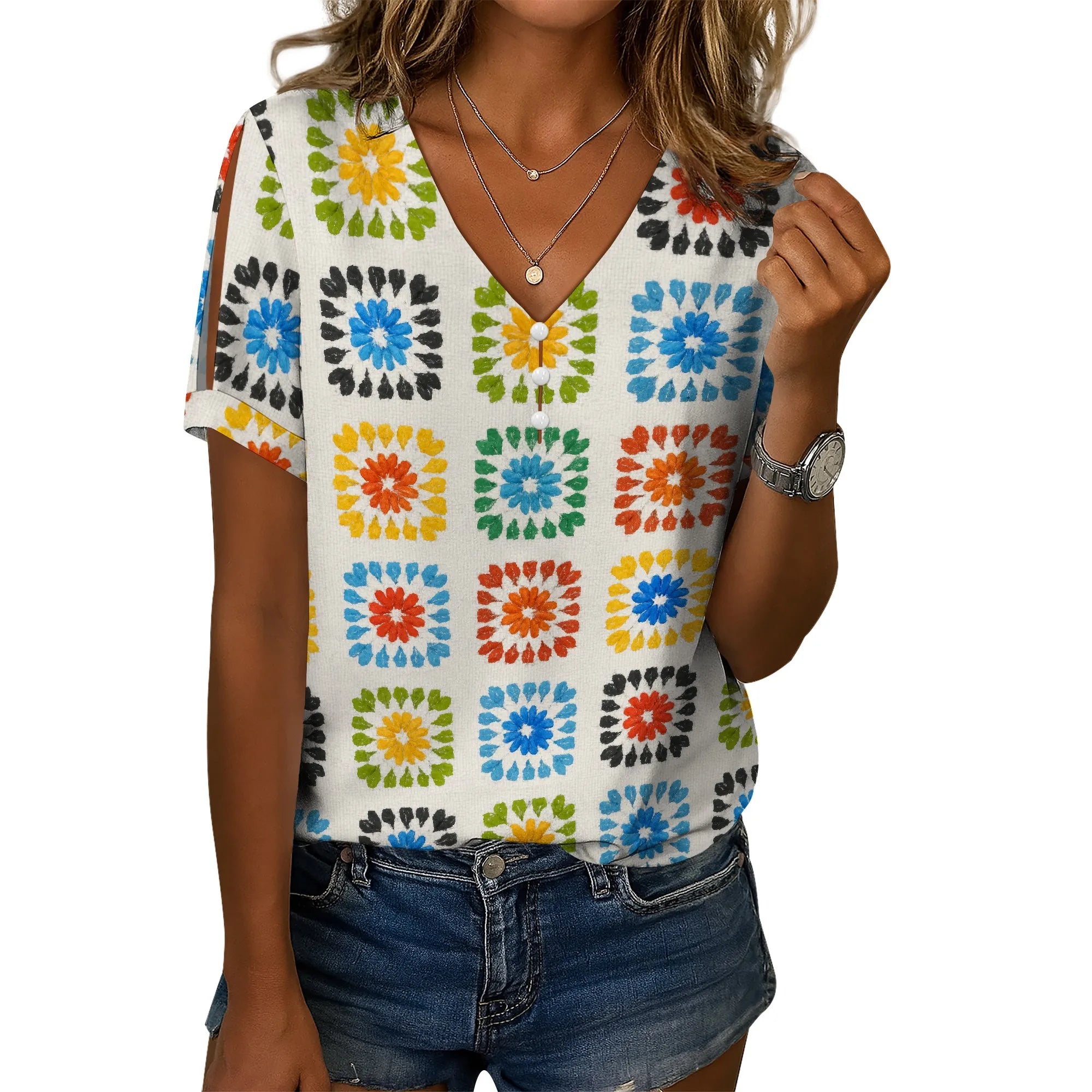 Cold Shoulder Casual Tops for Women Button Boho Floral Printed V-Neck Vintage Short Sleeve Summer T Shirts