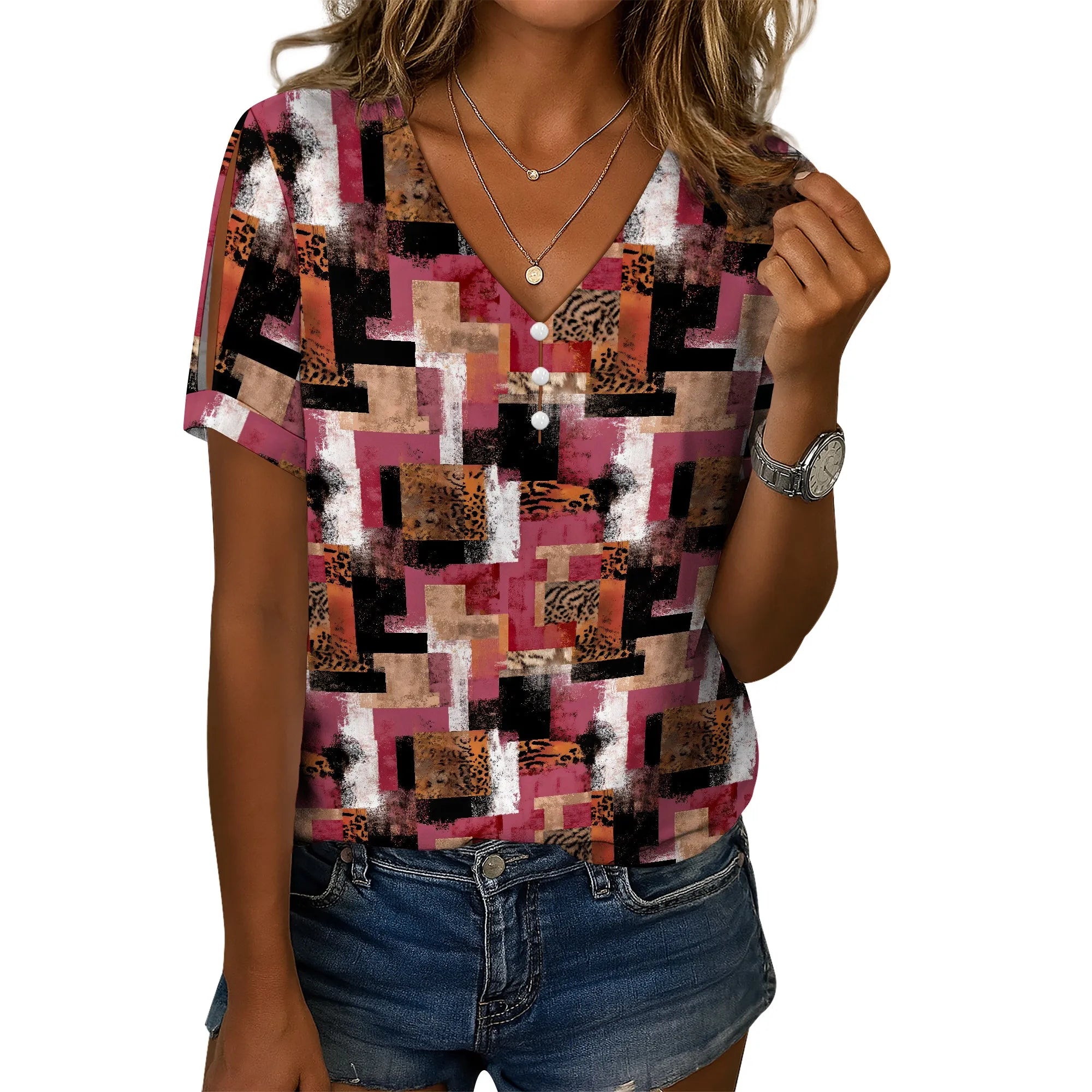 Cold Shoulder Casual Tops for Women Button Boho Floral Printed V-Neck Vintage Short Sleeve Summer T Shirts