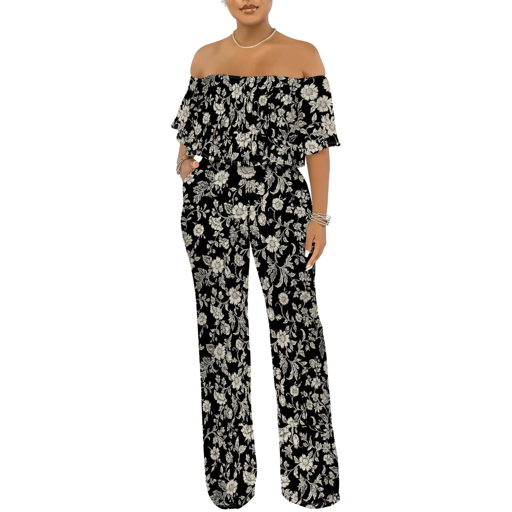 Off Shoulder Tube Top Ruffle Floral Print Jumpsuits for Women Wide Leg Pants Club Party Outfits Jumpsuit with Pockets