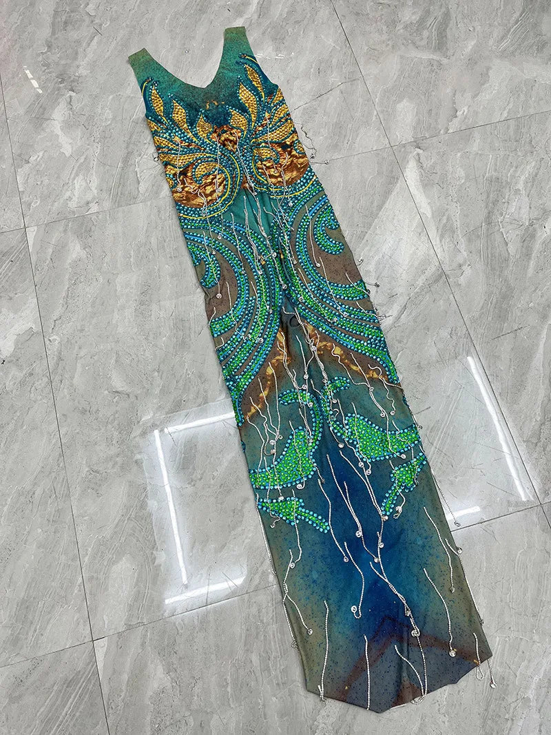 2025 Blue-green White Temperament Deep V Rear Split Dress Bar Nightclub Dancing Activity Dance Performance Clothes Signing Party