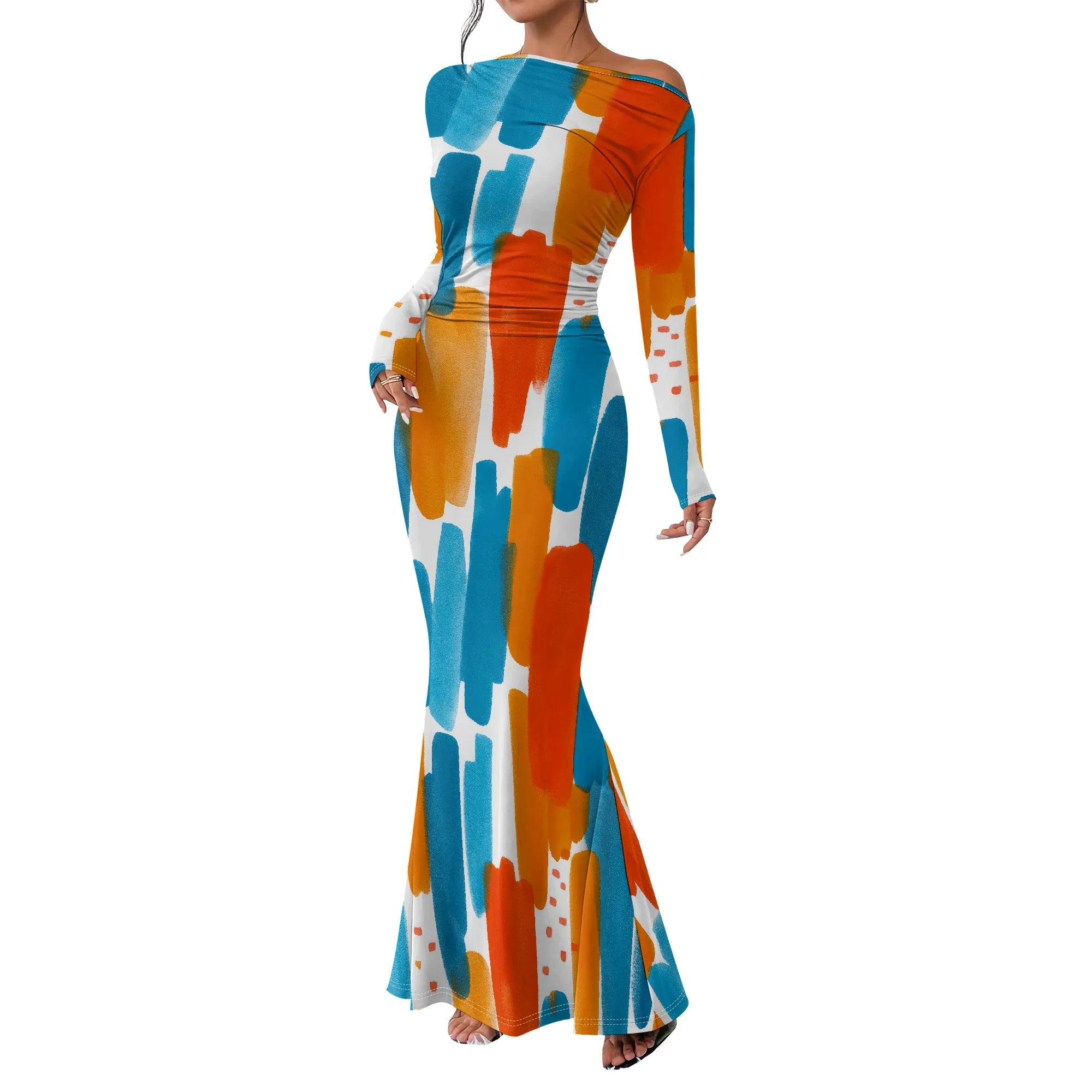 Women's Crew Neck Ruched Bodycon Maxi Dress Long Sleeve Slim Fit Elegant Flared Evening Cocktail Party Dresses