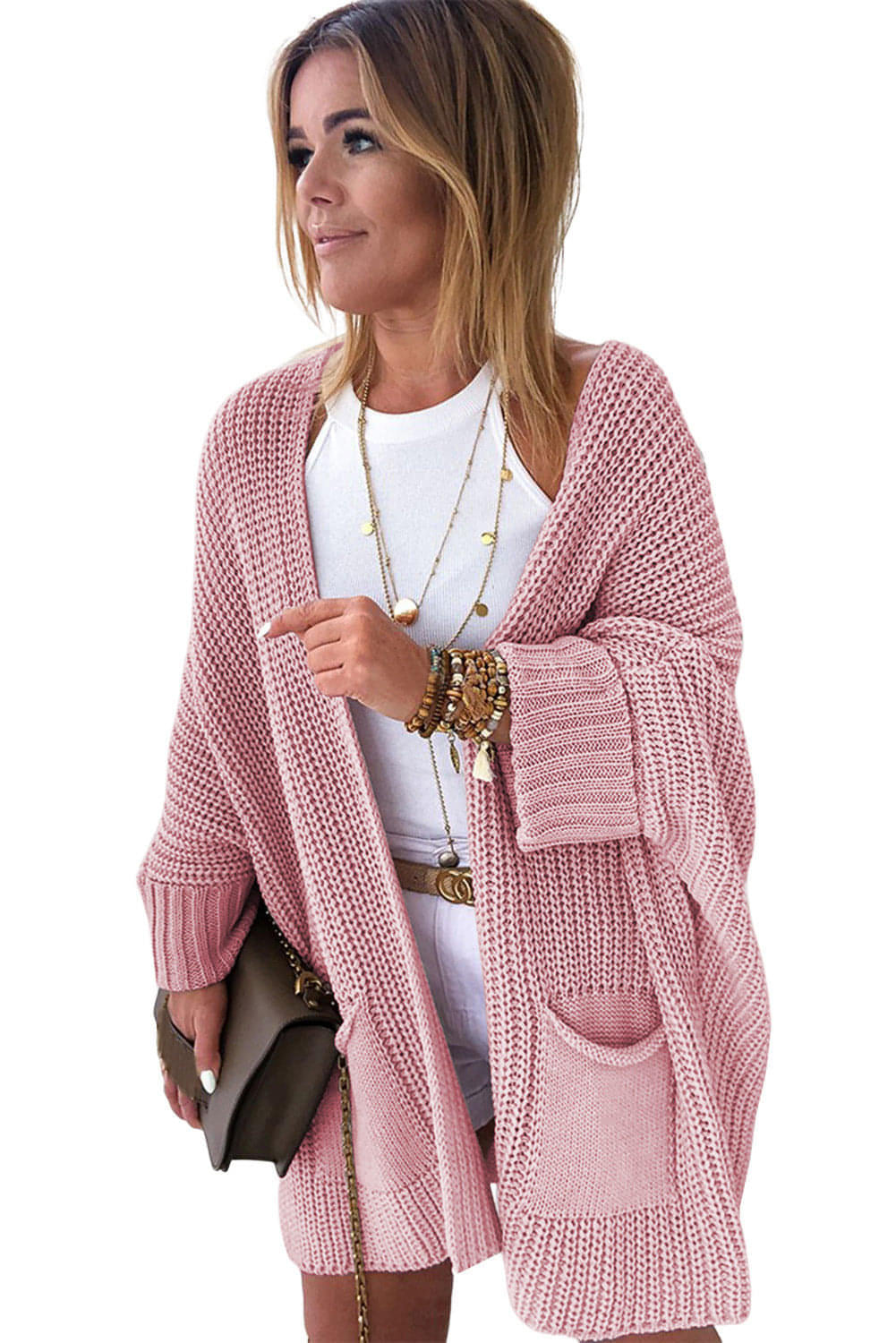 Pink Oversized Fold Over Sleeve Open Front Cardigan.